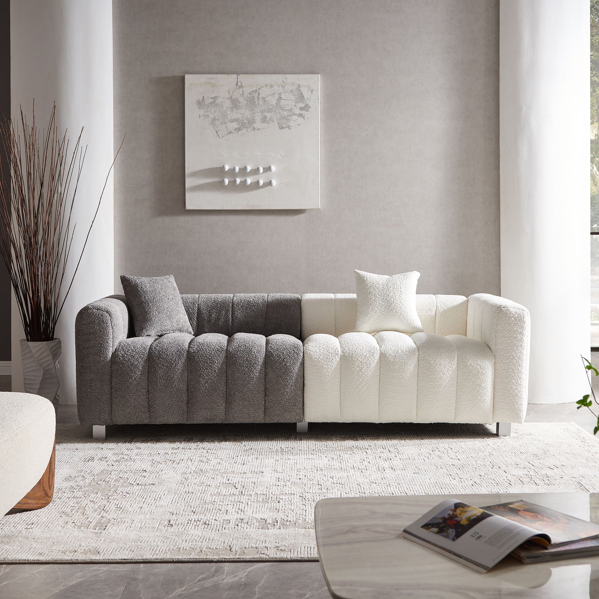 3 Seater Sofa With Metal Base Legs And 2 Pillows In +, 87.4" Premium Couch For Living Room - White / Gray