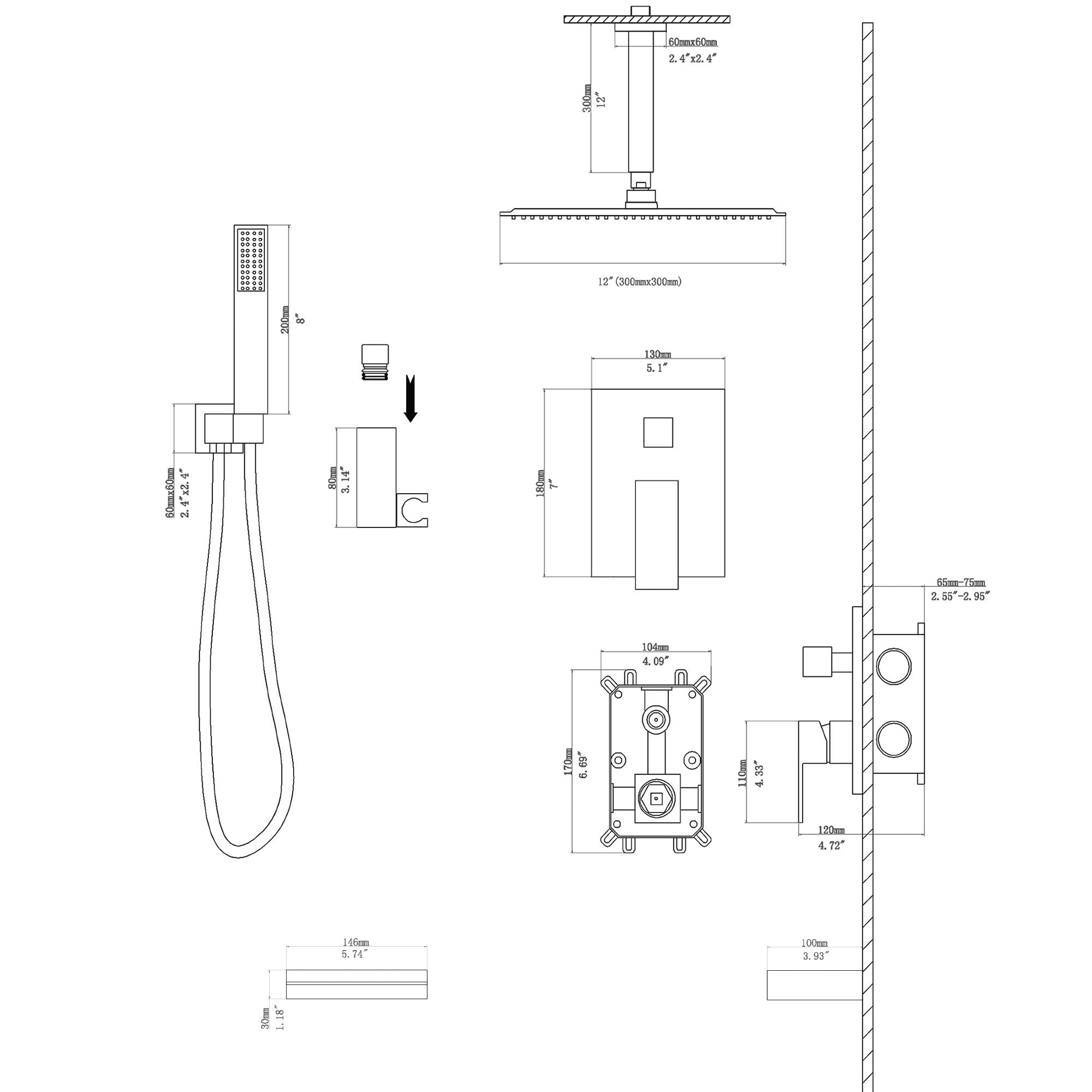 12" Ceiling Mount Square Shower System With Waterfall Tub Spout And Handheld Shower
