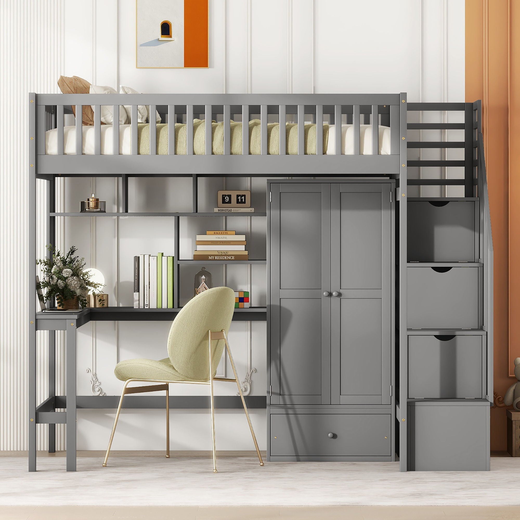 Loft Bed With Bookshelf, Drawers, Desk, And Wardrobe