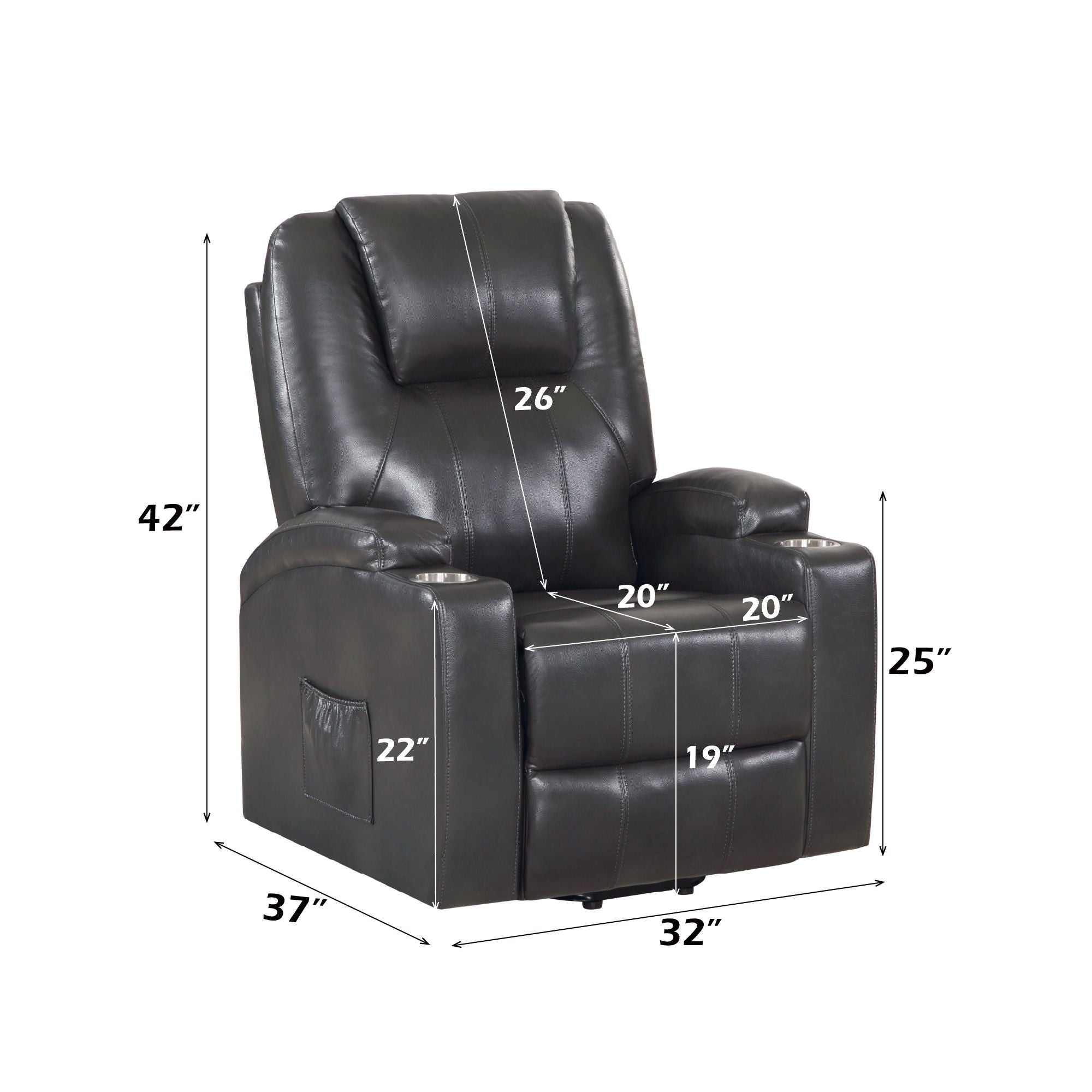 Recliner With Power Lift & Massage - Gunmetal