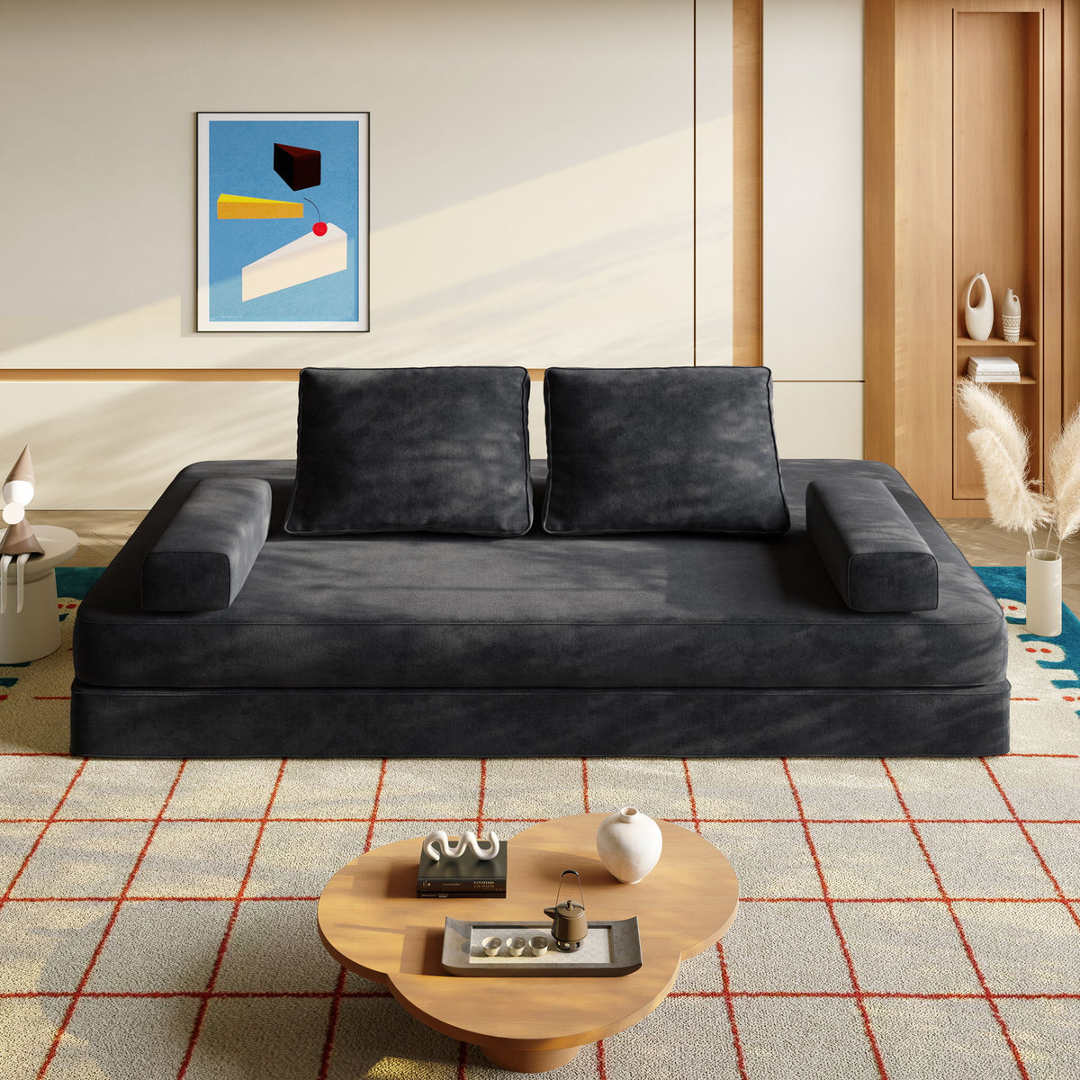 Multifunctional Convertible Sofa Bed With 2 Tumbler Backrests And 2 Pillows, Deep Seat Couch