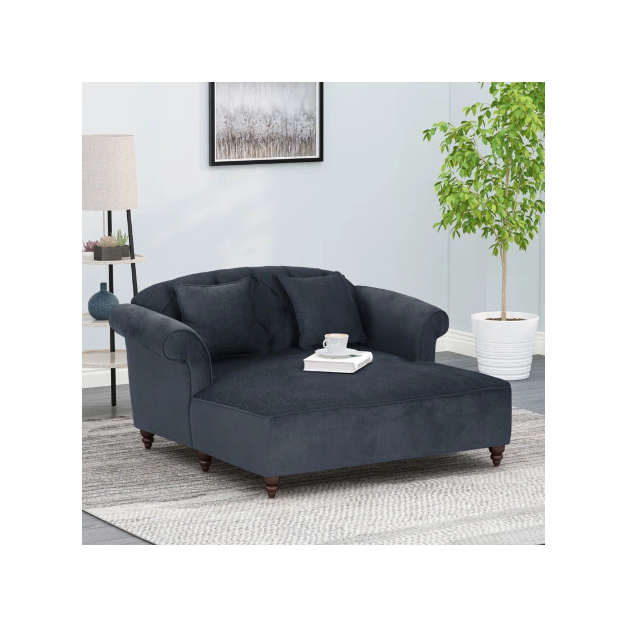 Upholstered Chaise Lounge With Scroll Arms, Turned Legs And 2 Pillows