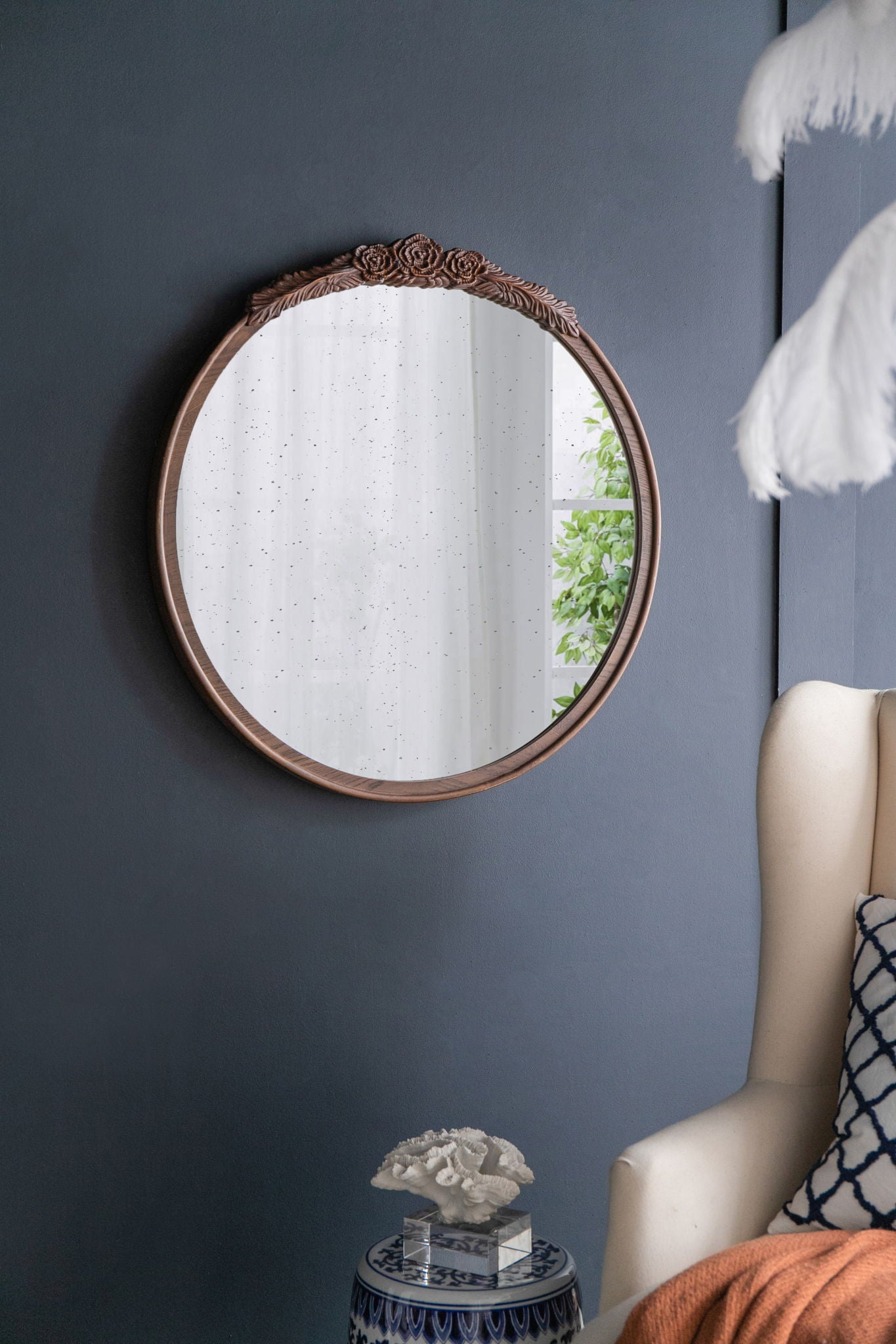 Round Hand Carved Rose Antique Mirror Frame, Wall Mirror For Live Space