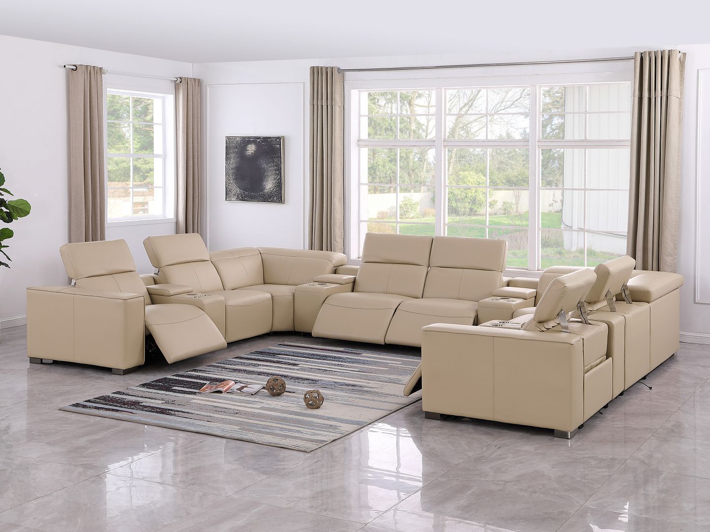 1208 - 12 Piece U Shaped Leather Sectional With 4 Power Recliners & Power Headrest