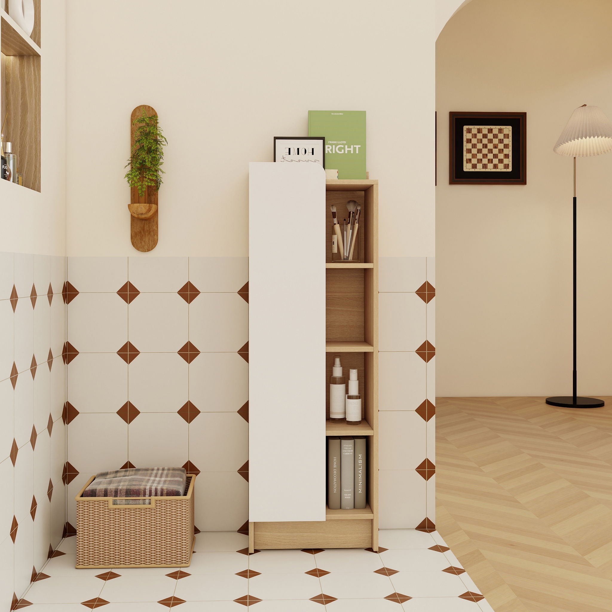 Tall Freestanding Bathroom Side Cabinet With Single Door & 4 Tier Open Shelves - Black / Light Oak / White
