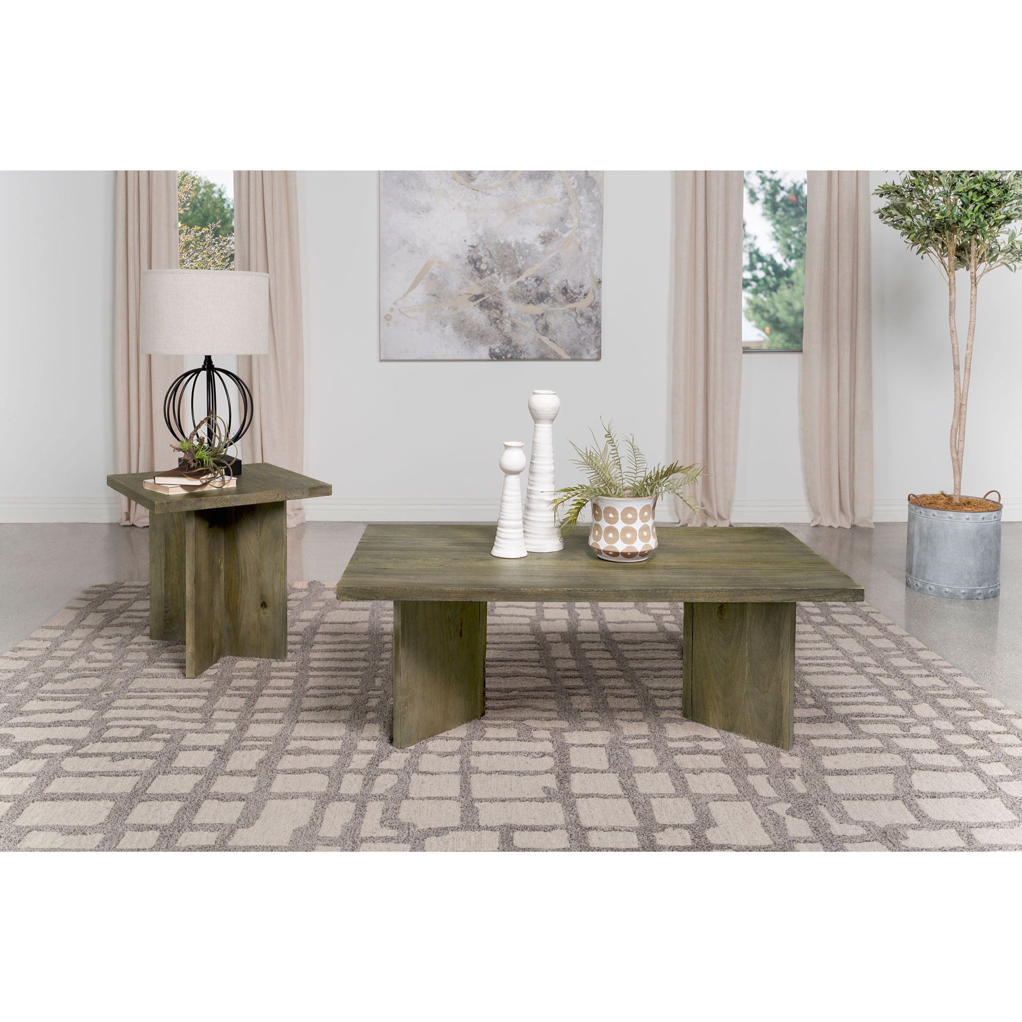 Neskowin - 2 Piece And End Table Set With Geometric Panels - Brown