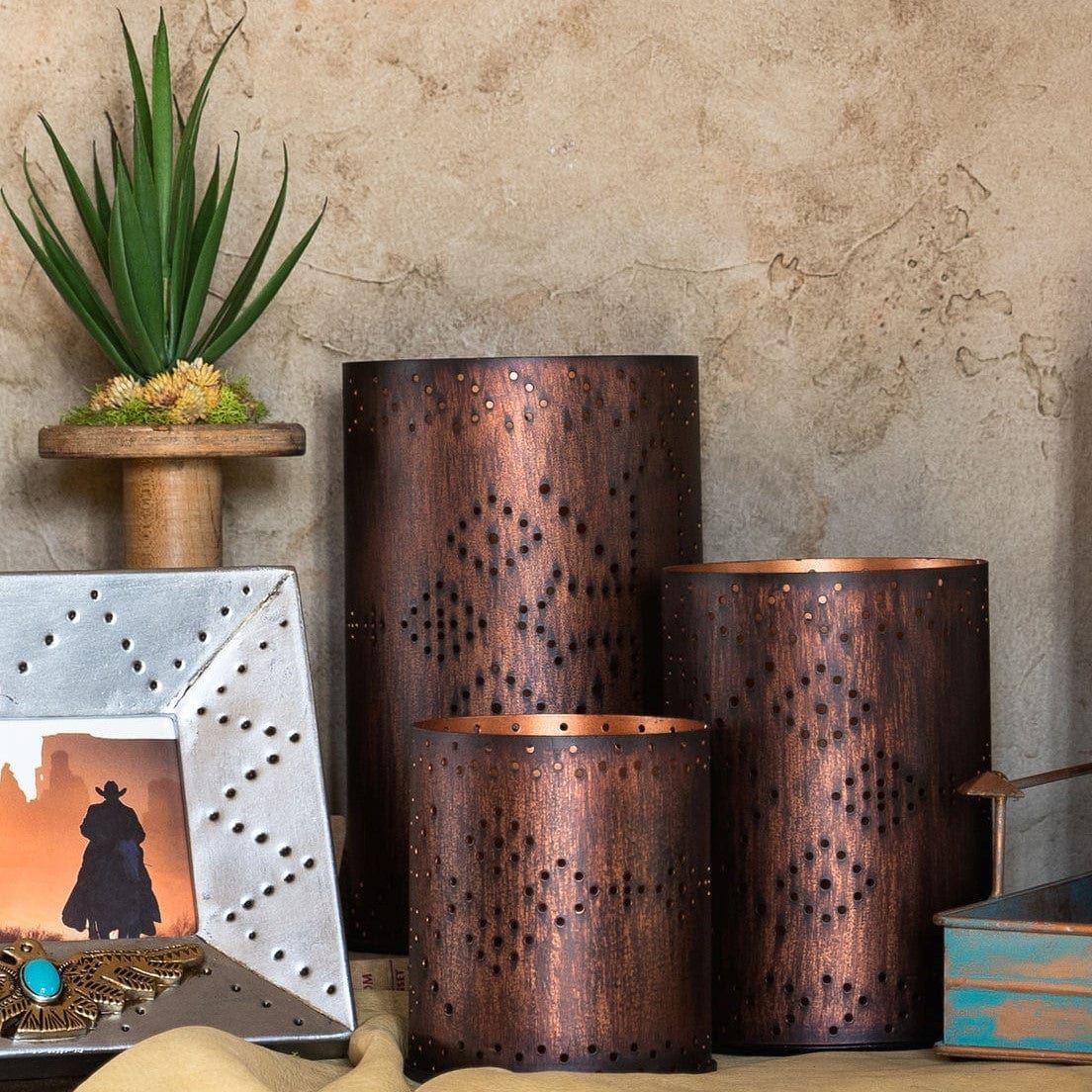 Saguaro Cactus - Cross Distressed Metal Cylinder Pillar Candle Holder Set (Set of 3), 2 Per Carton - Dark Brown