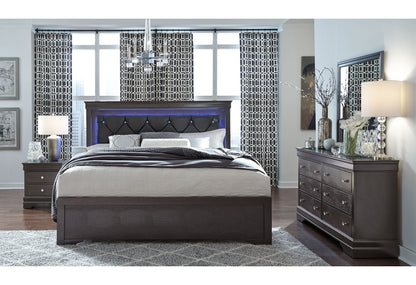 Pompei - 4 Piece King Bedroom Set (Bed With LED, Dresser, Mirror, Nightstand) - Gray