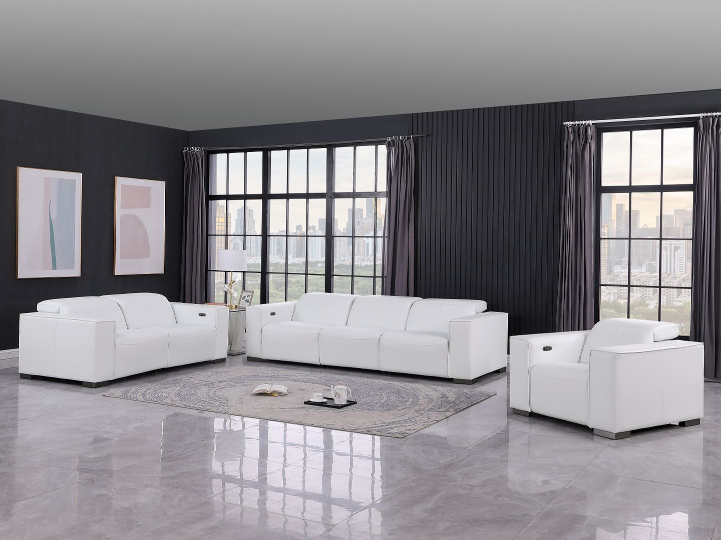 1208 - Leather Reclining Set (Sofa, Loveseat & Chair With 5 Power Recliners)