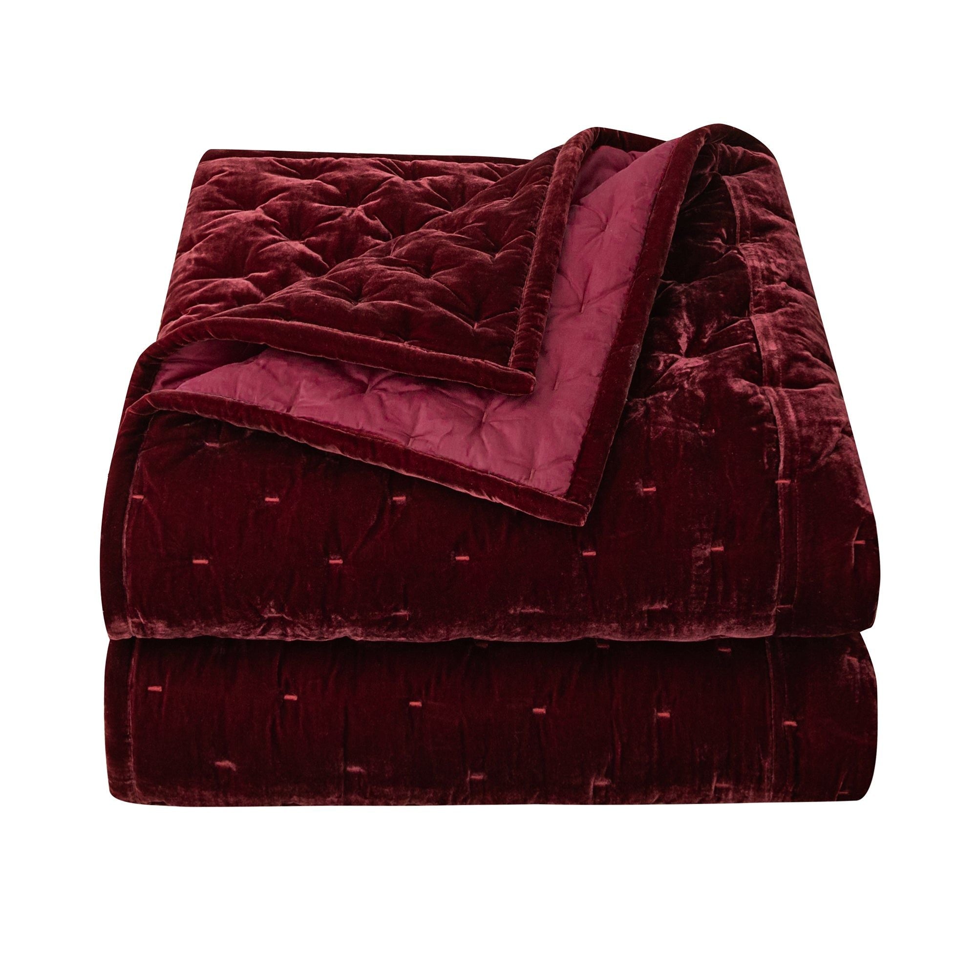 Stella - Twin Faux Silk Velvet Pintuck Quilt - Garnet Red
