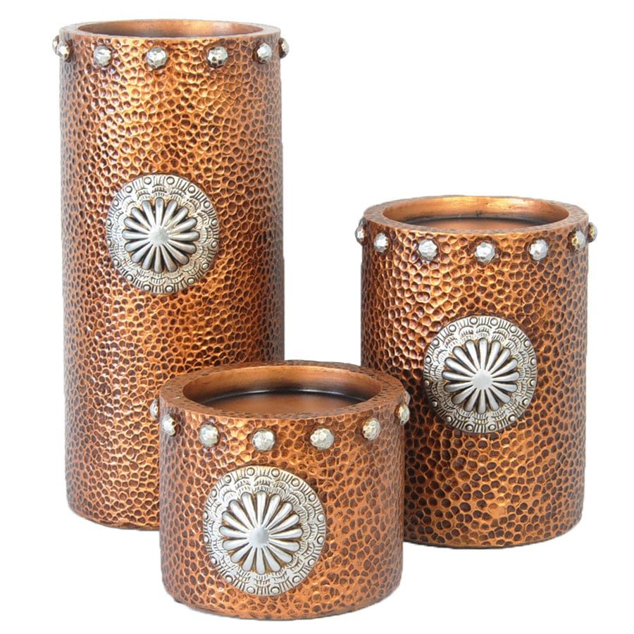 Candle Holder - Faux Hammered Copper With Concho Candle Holder Set (Set of 3), 2 Per Carton - Brown