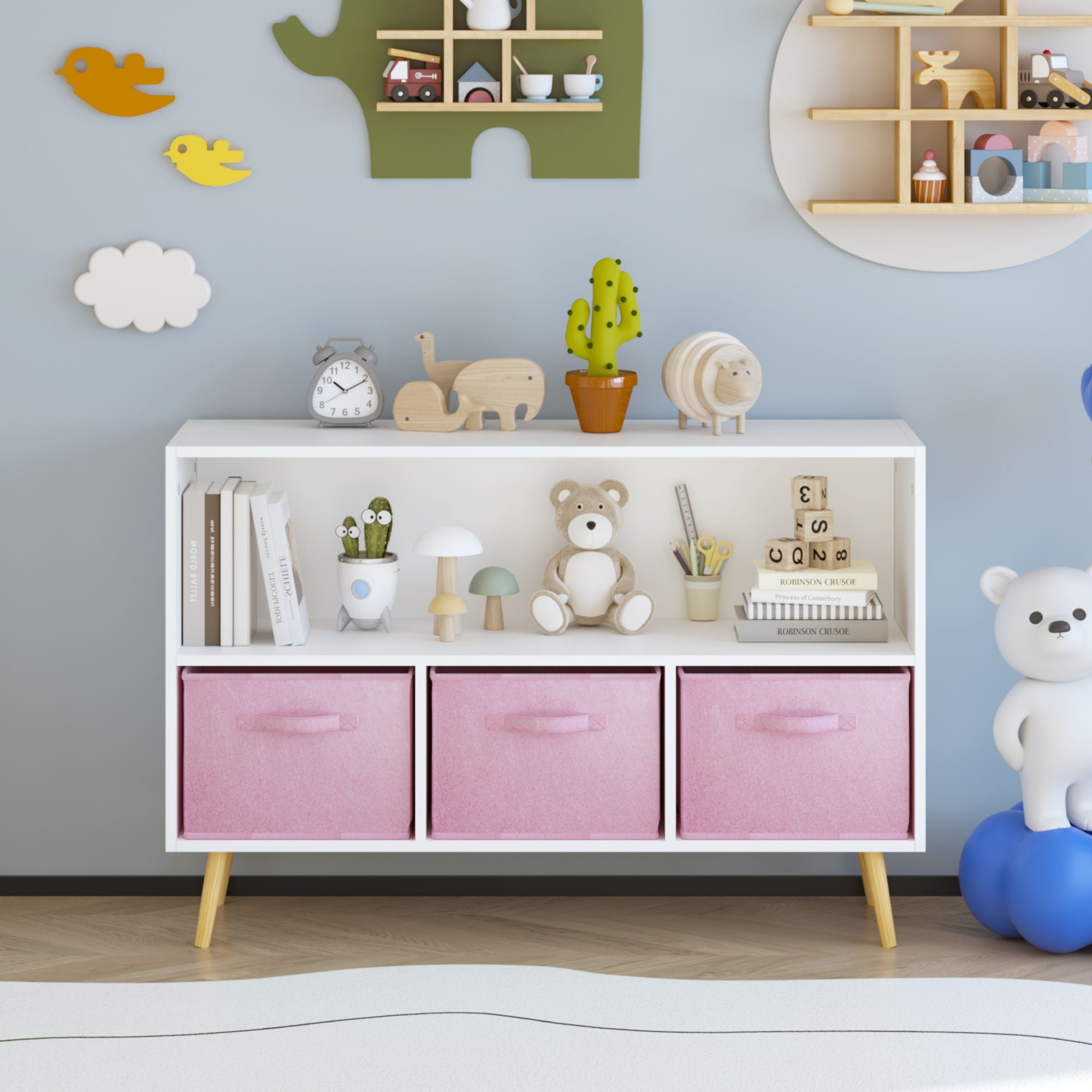 Bookcase With Collapsible Drawers, Book Display Organizer