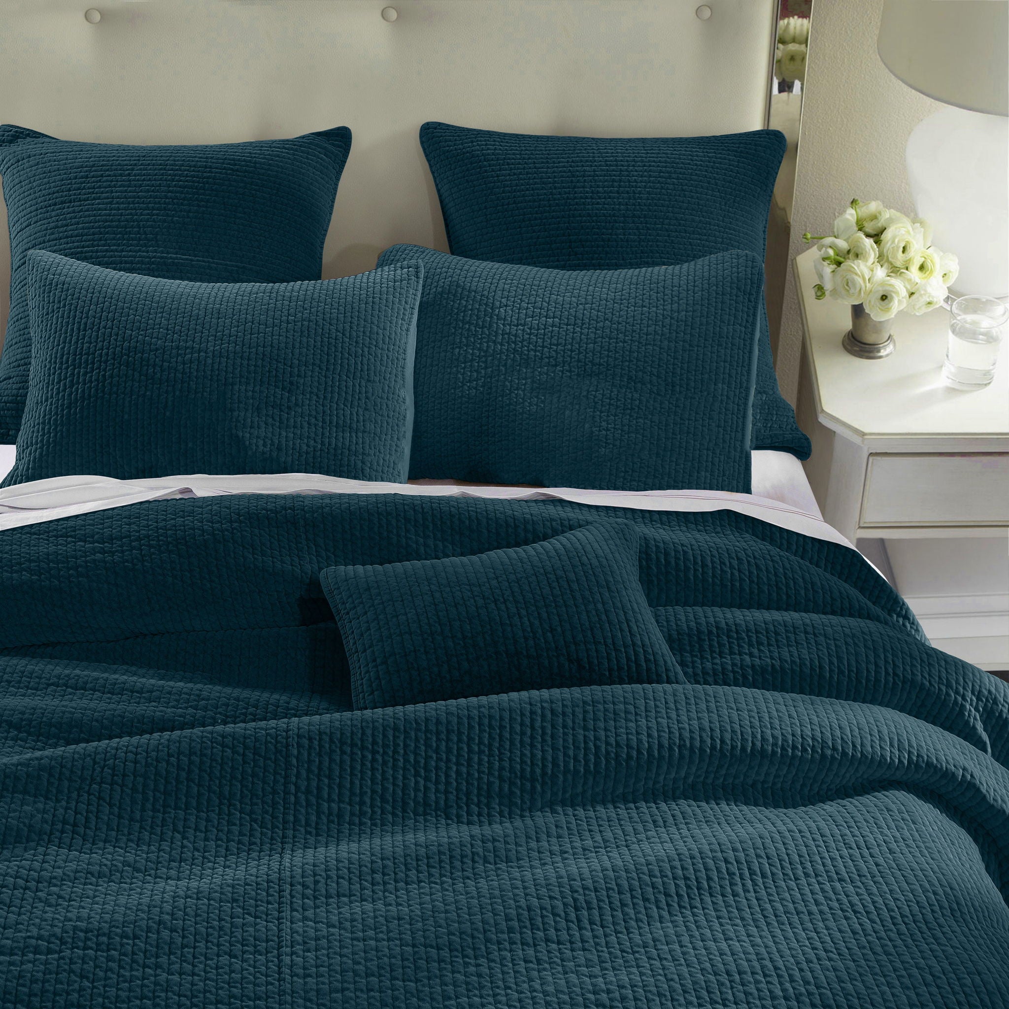 Stonewashed Cotton Velvet - King Quilt Set (Set of 3) - Deep Blue