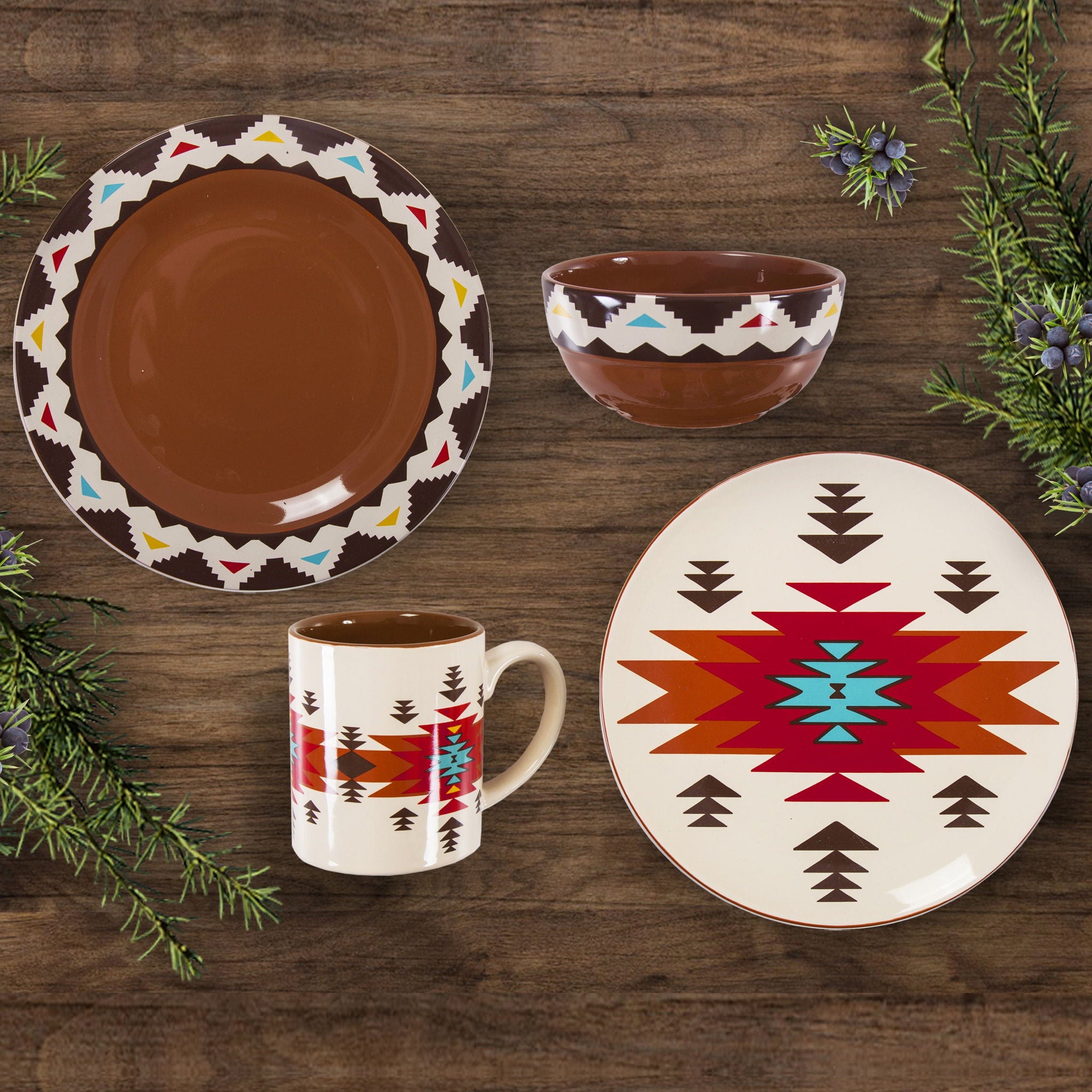 Del Sol - Aztec Ceramic Dinnerware Set (Set of 16) - Red / Brown