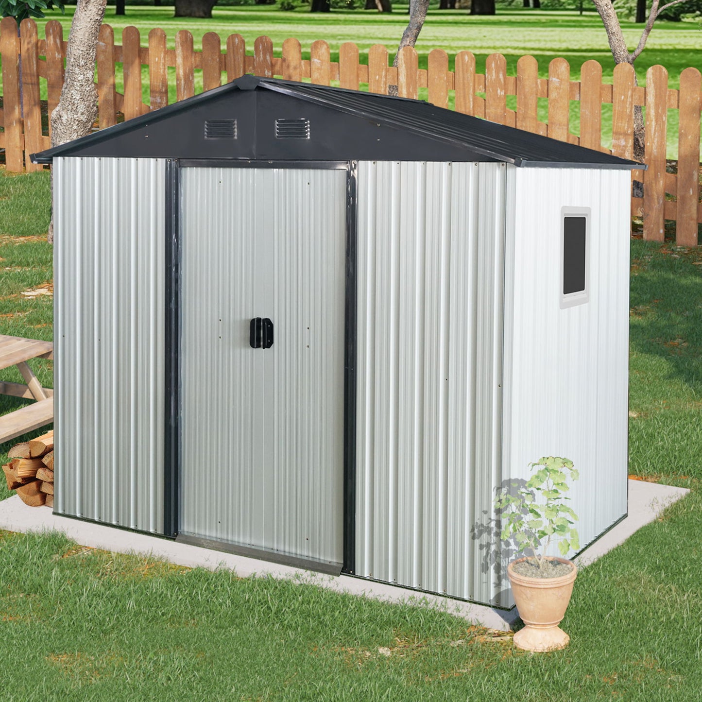 8Ft X 4Ft Outdoor Metal Storage Shed With Window And Metal Foundation For Backyard, Patio, Lawn