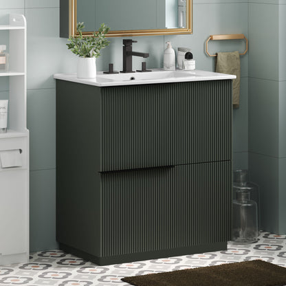 Fluted Bathroom Vanity With Ceramic Sink, Soft Close Slides