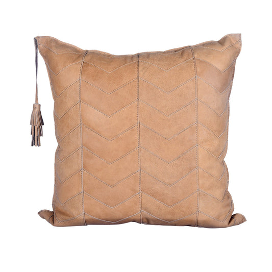 Genuine Leather - Chevron Tasseled Throw Pillow - Tan