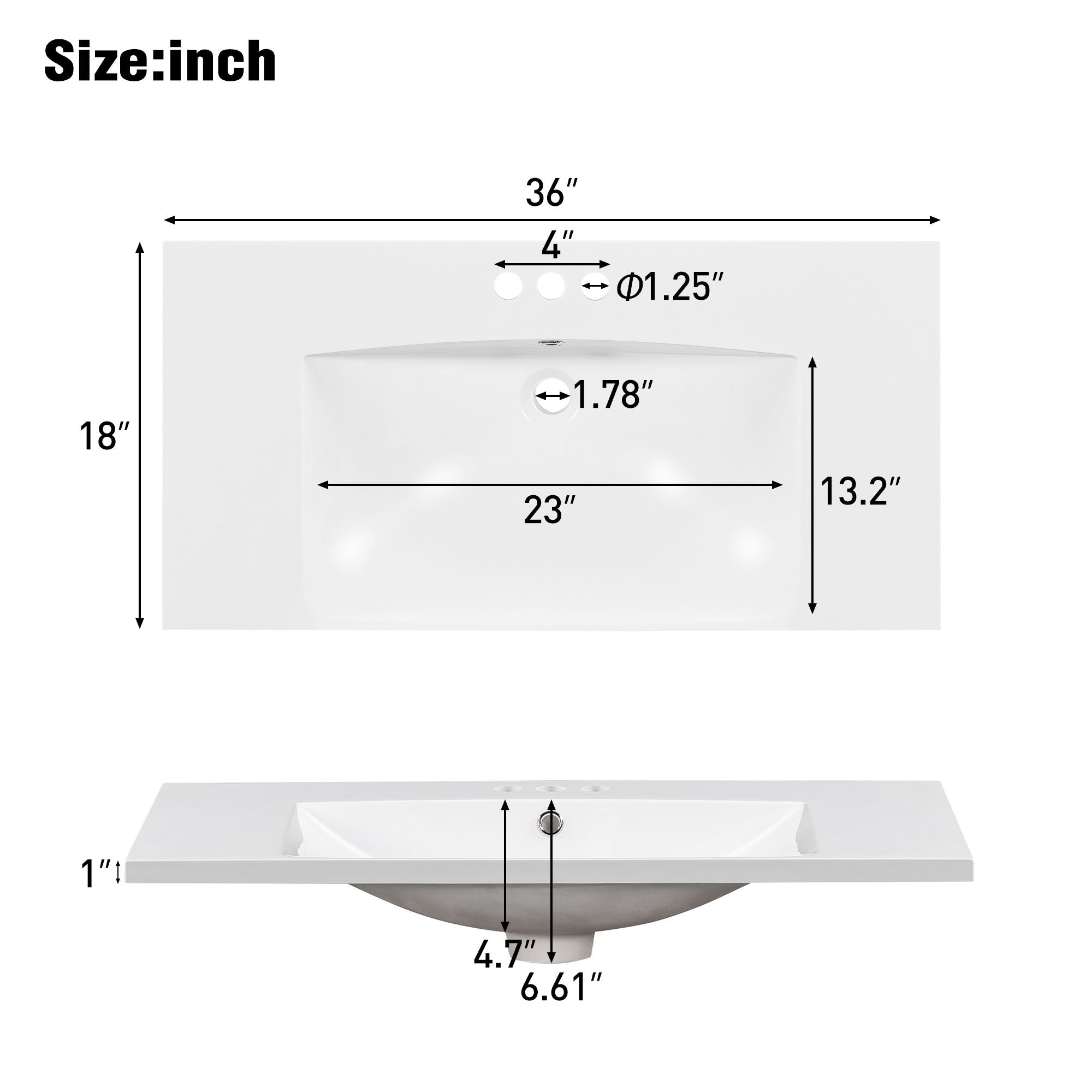 Single Bathroom Basin Sink, Vanity Top Only With 3 Faucet Holes
