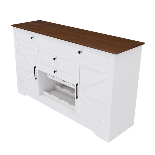 Rustic Farmhouse Kitchen Island With Storage Cabinet, Wood Top Breakfast Bar - White