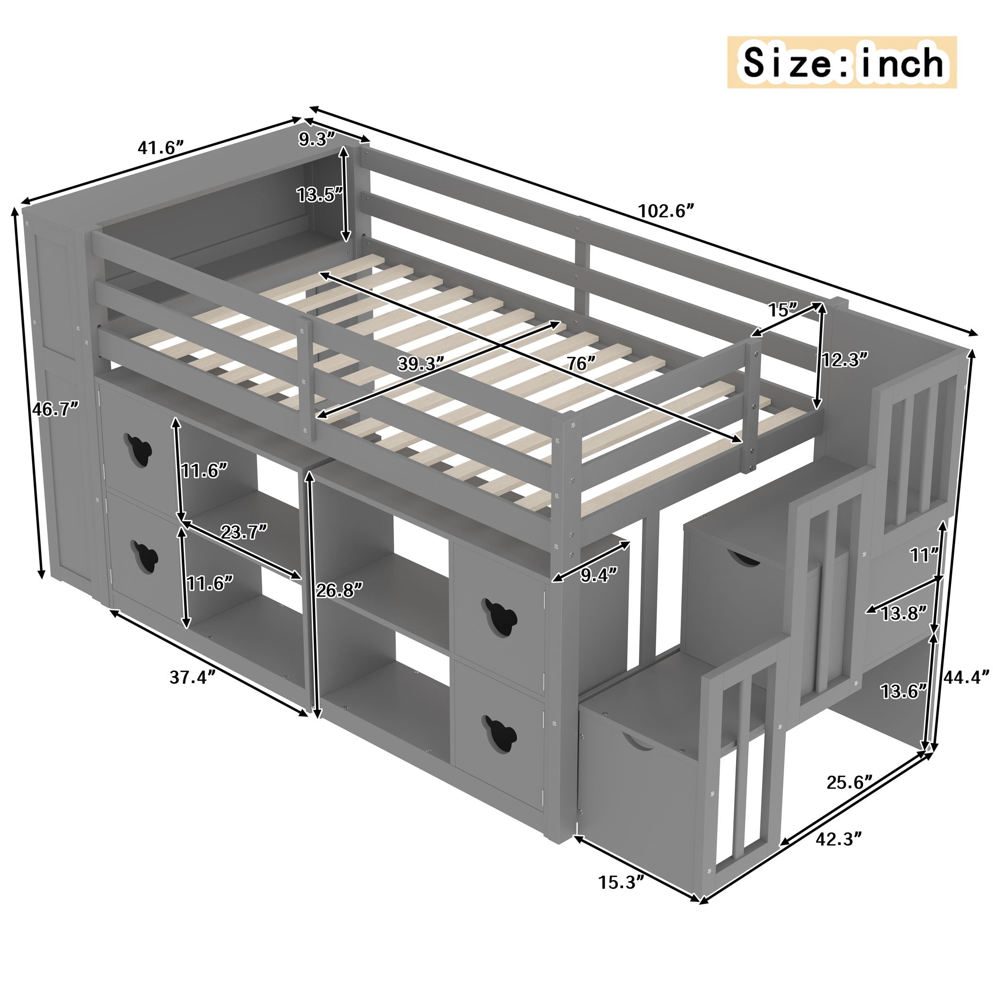 Loft Bed With Storage Cabinets, Staircase Drawers & LED Lights - Thumbnail 4