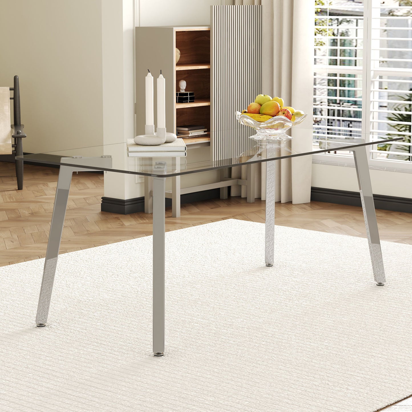 Minimalist Rectangular Dining Table With Transparent Glass Top And Metal Legs
