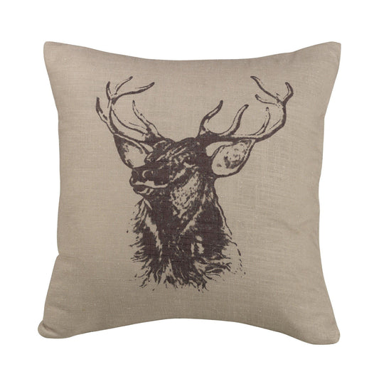 Pillow - Elk Bust Burlap Throw Pillow - Tan / Brown