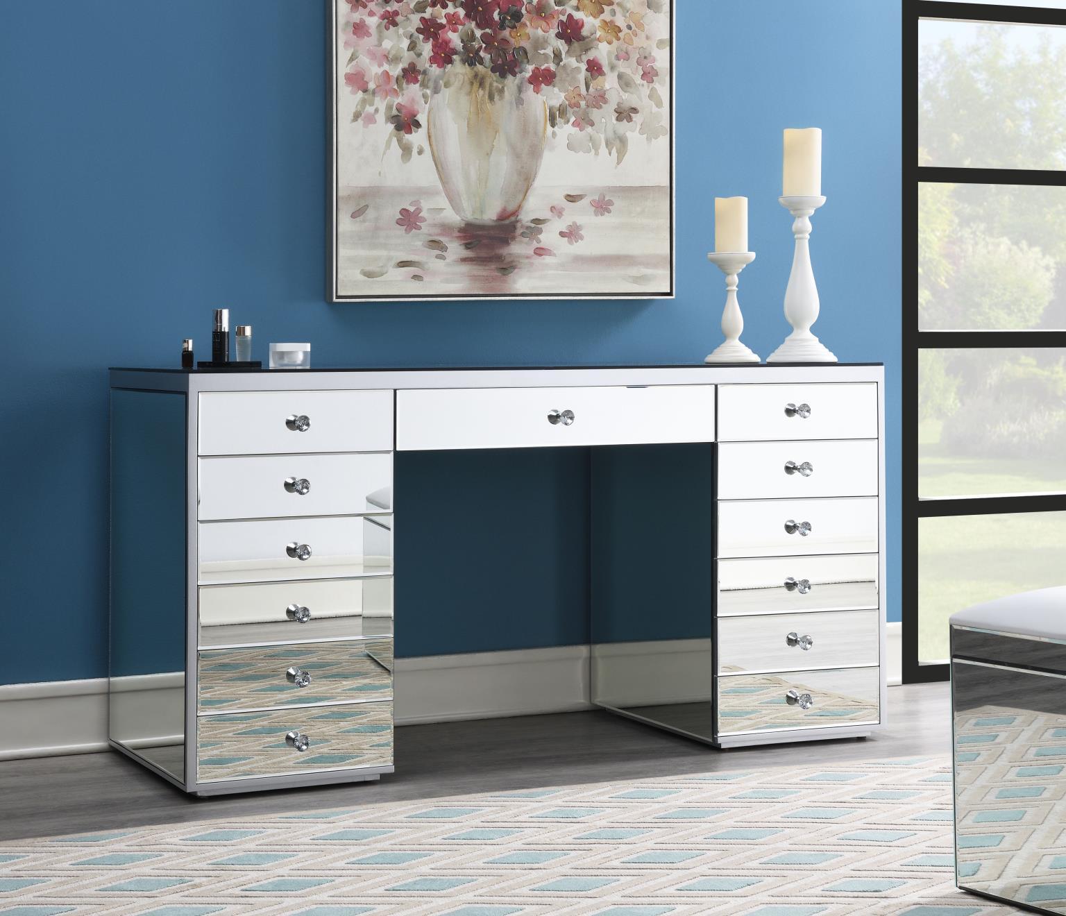 G-317 - Glamour Vanity Set (MDF Dresser + Mirror Bluetooth Speaker With Lights) - Pearl Silver