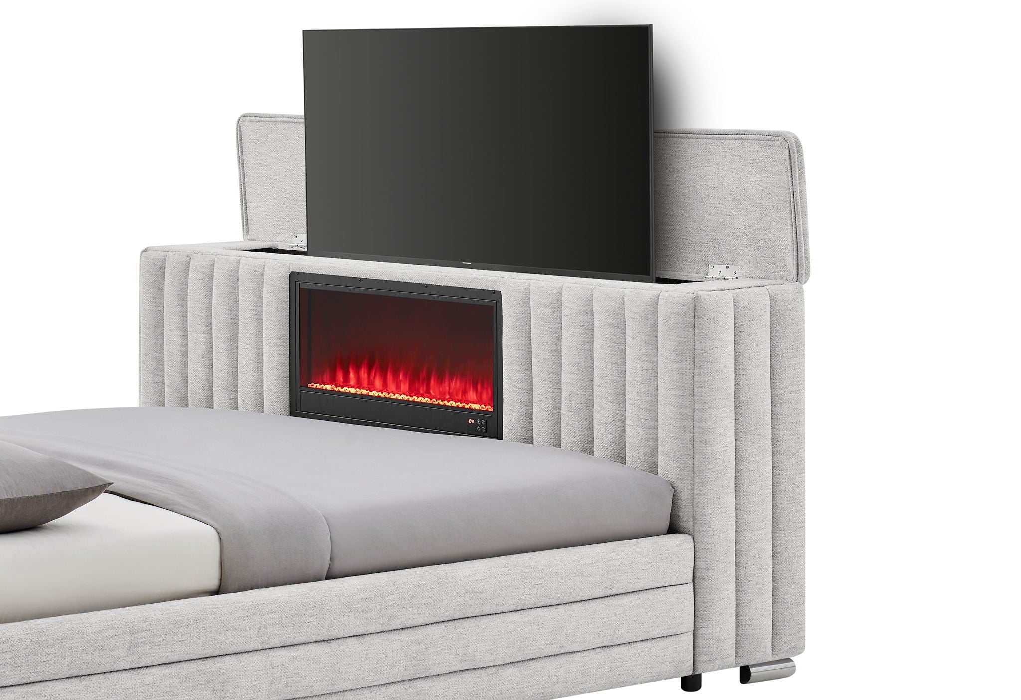 Elias - King Bed With Immersive Sound Speaker, LED, TV Lift, And Fireplace - Gray