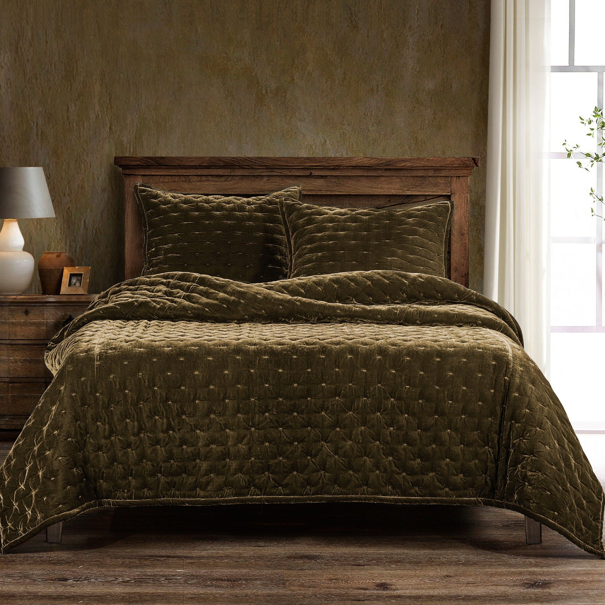 Stella - King Faux Silk Velvet Pintuck Quilt Set (Set of 3) - Green Ochre