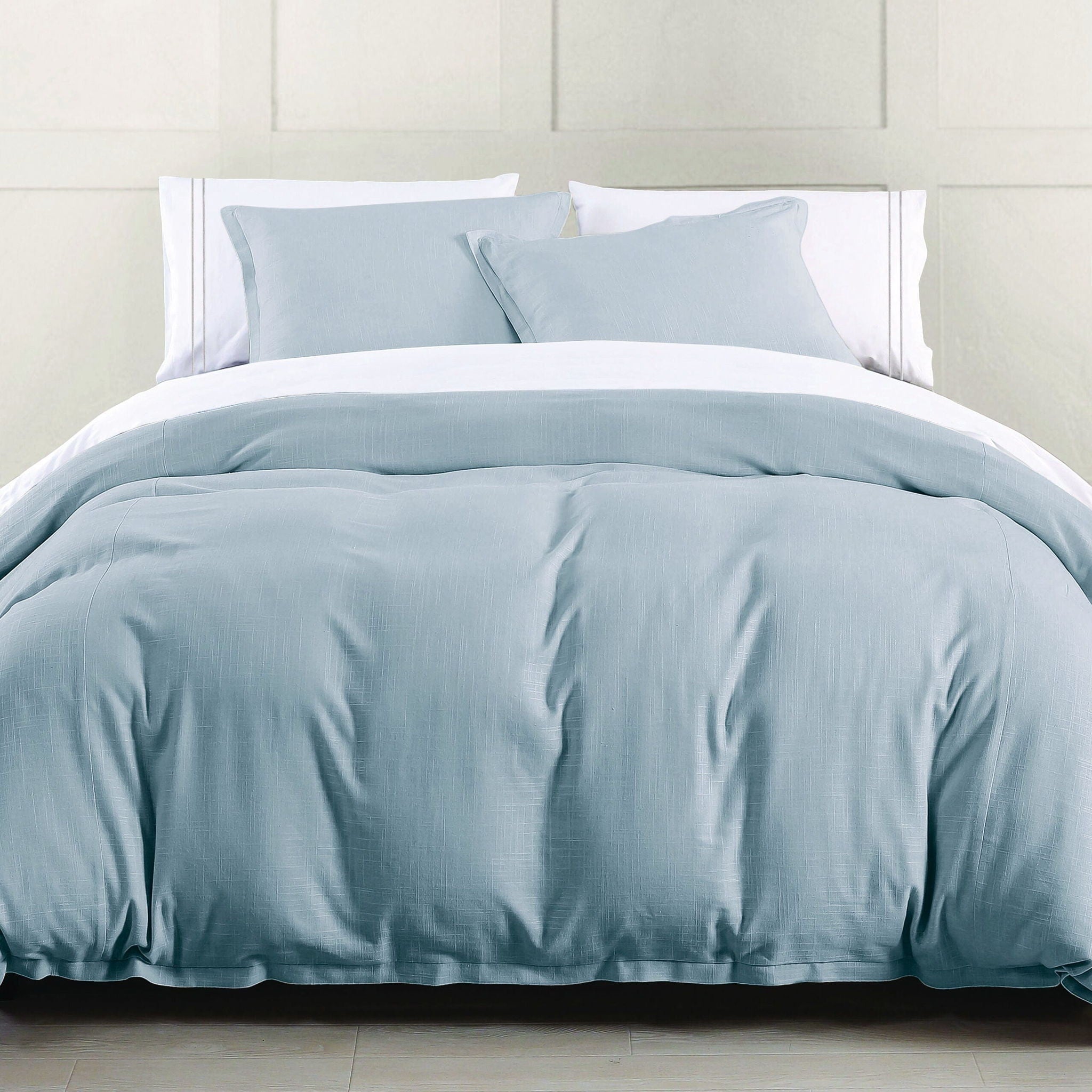 Hera - King Washed Linen Flange Duvet Cover Set (Set of 3) - Ligh Blue