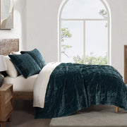 Stella - King Faux Silk Velvet Double Box Stitch Quilt Set (Set of 3) - Storm Blue