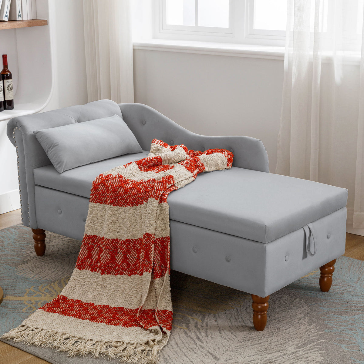 Chaise Lounge Indoor, Lounge Chair For Bedroom With Storage & Pillow, Modern Upholstered Rolled Arm Chase Lounge For Sleeping With Nailhead Trim For Living Room Bedroom Office