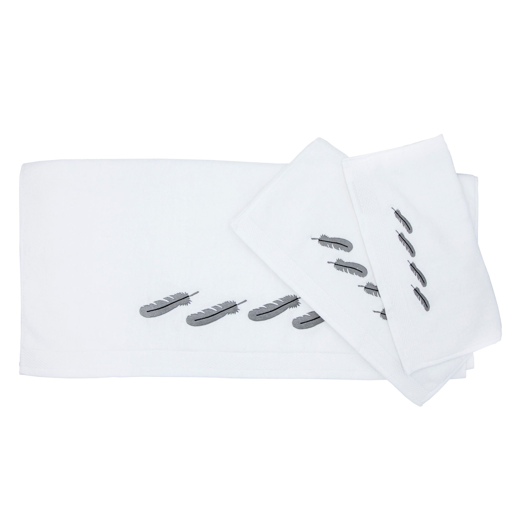 Tossed Feather - Embroidered Feather White Towel Set (Set of 3), 2 Per Carton - White / Gray