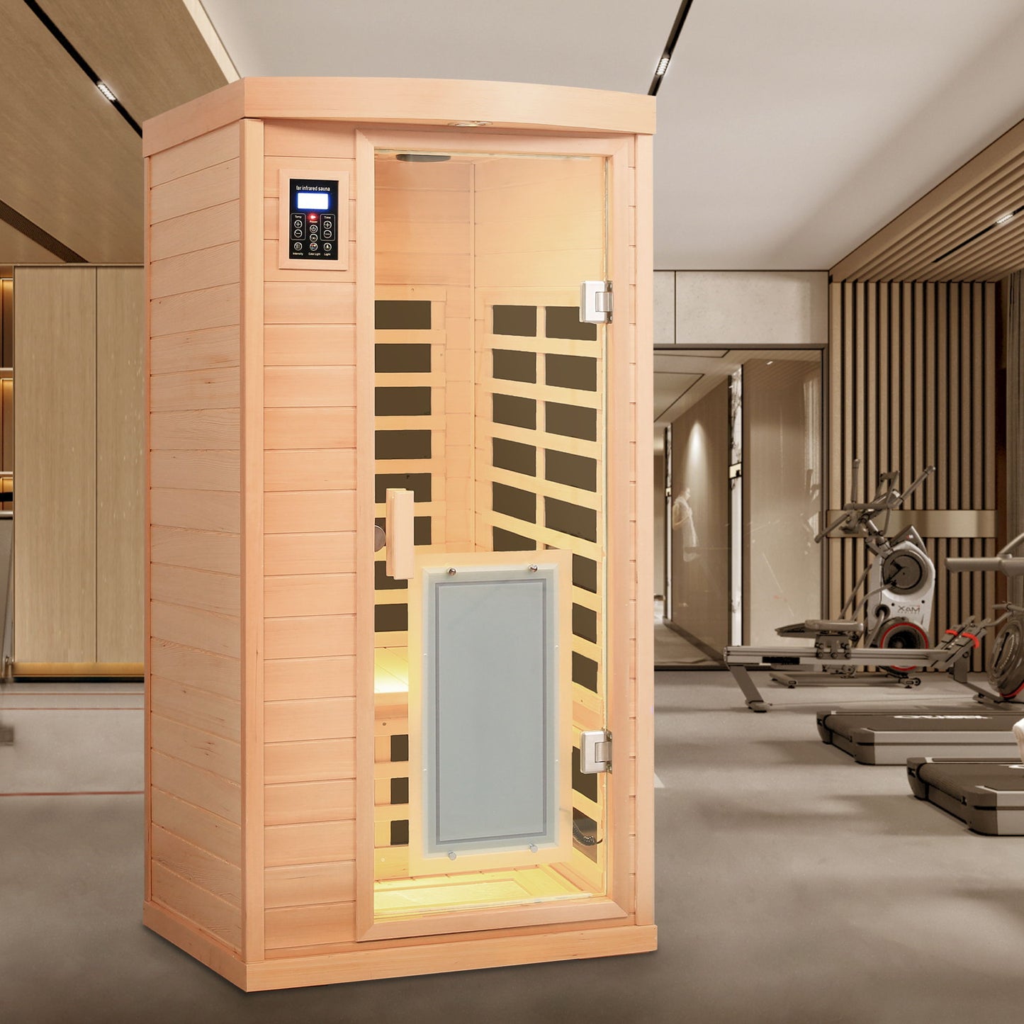 Low Emf Front Door With Heating Panel 1 People Hemlock Far Infrared Indoor Sauna Room - Natural