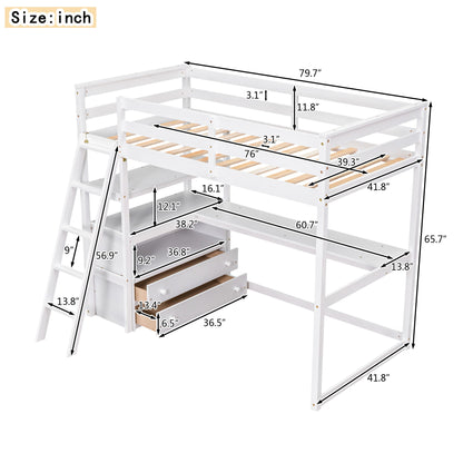 Modern Loft Bed With Built In Desk, Shelves, And 2 Drawers