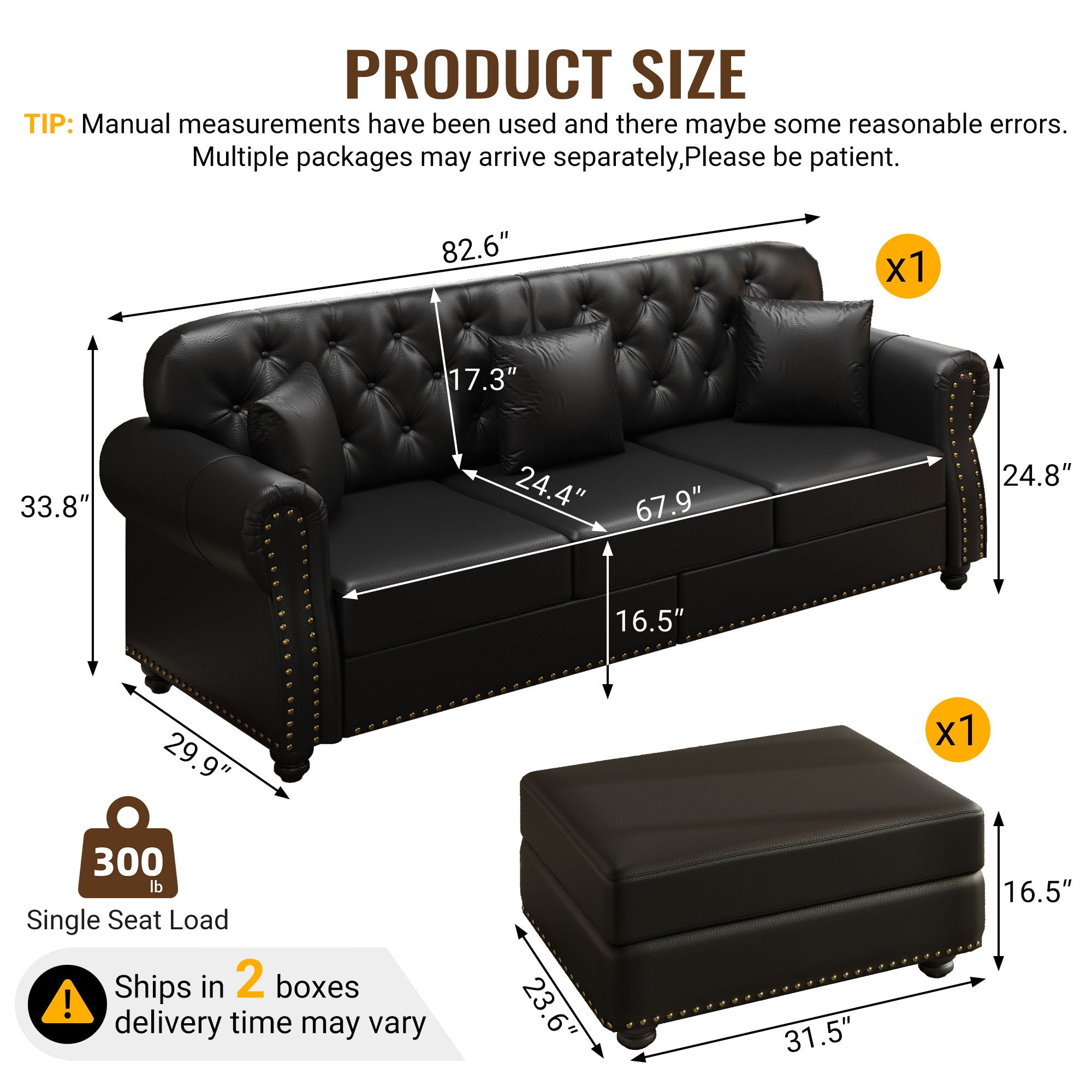 Upholstered Sofa With Nailhead Trim, Rolled Armrests With Ottoman