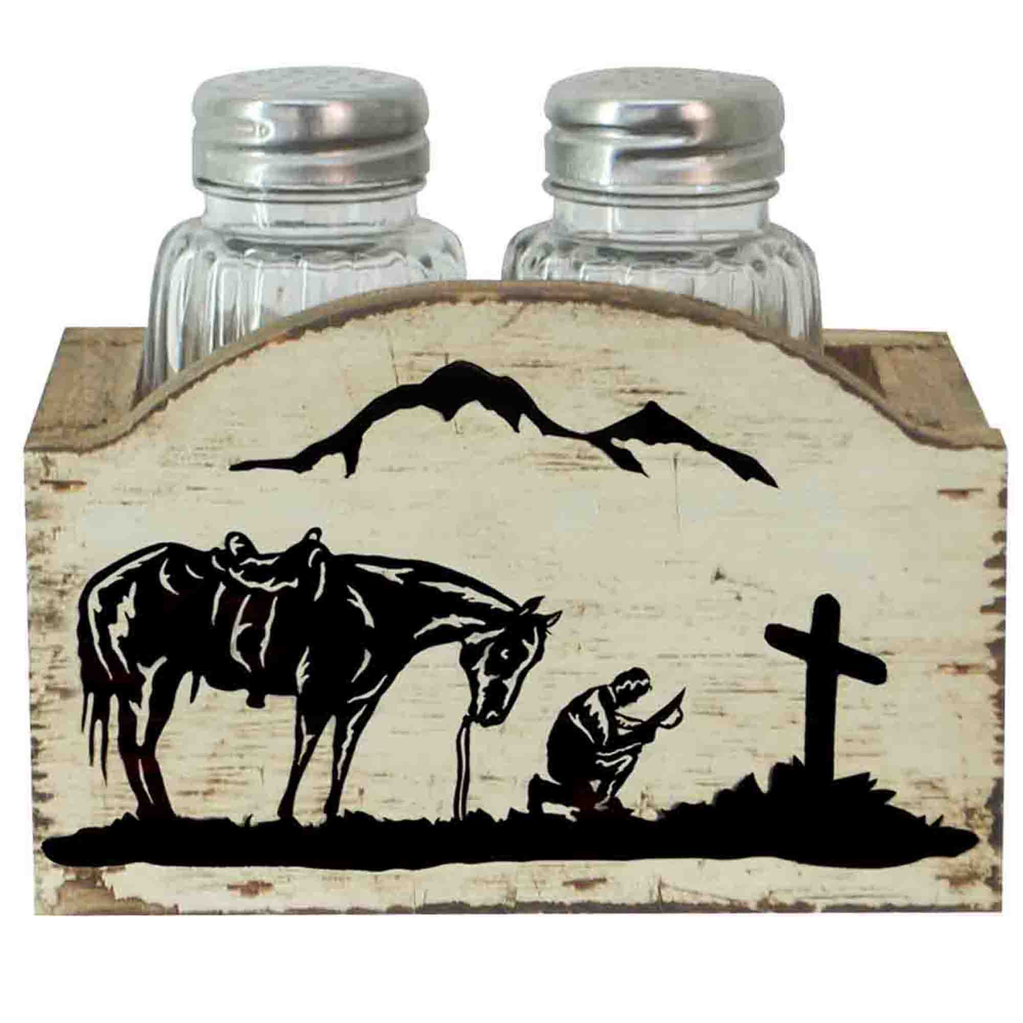 Salt And Pepper - Praying Cowboy Design Salt & Pepper Set (Set of 2), 6 Per Carton - Cream / Black