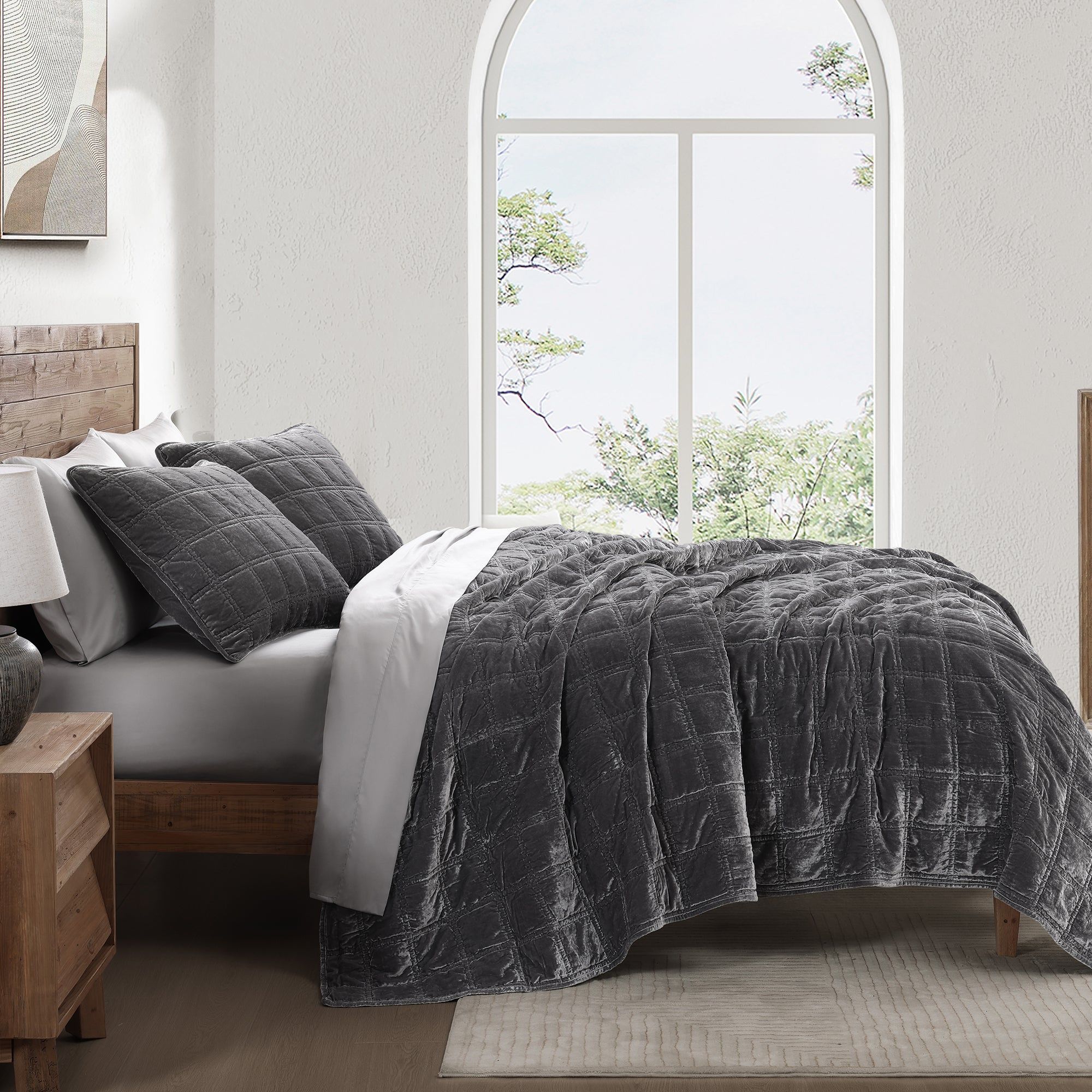 Stella - King Faux Silk Velvet Double Box Stitch Quilt Set (Set of 3) - Slate