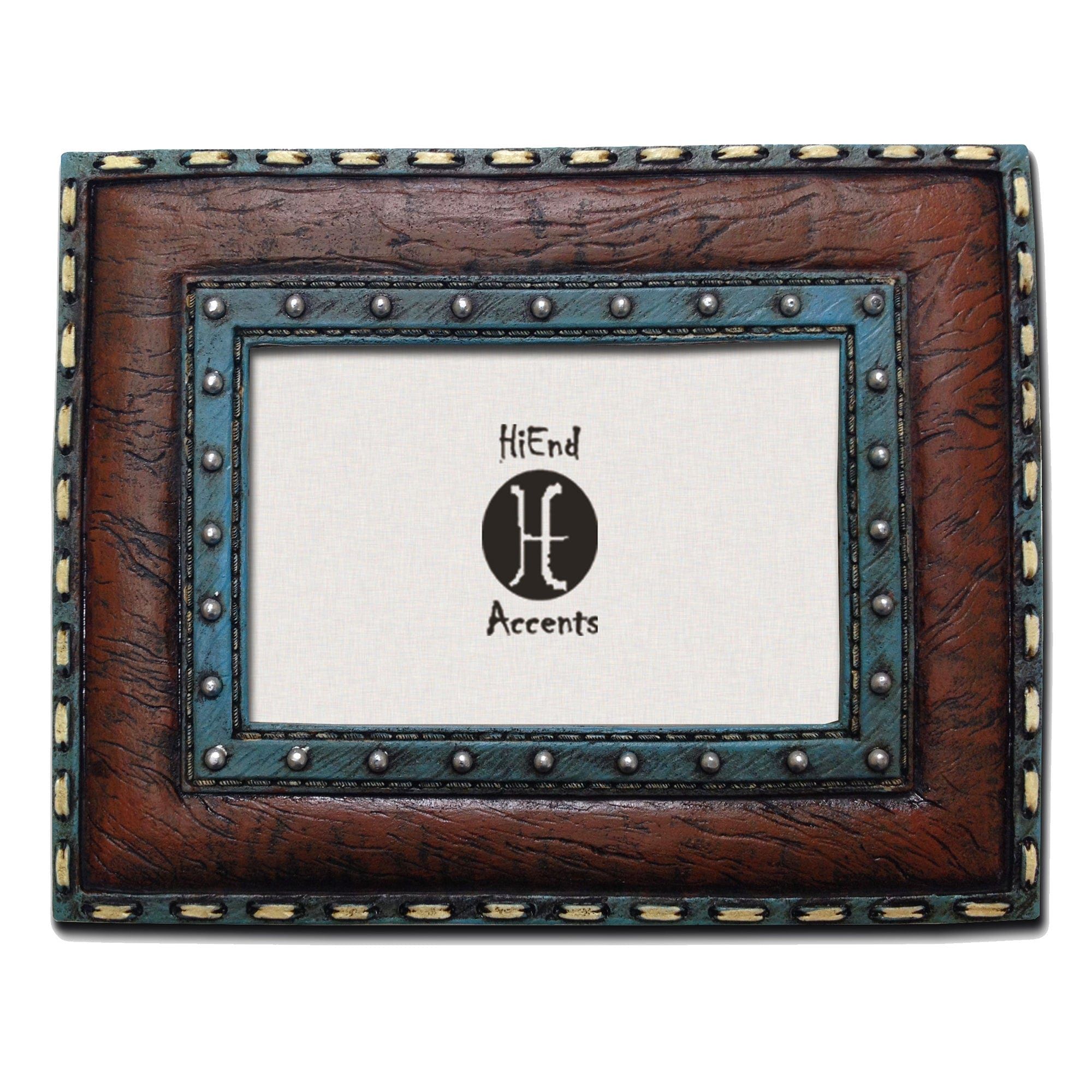 Picture Frame - 4" x 6" Turquoise Edge & Stitched Leather Insert Picture Frame 4 Per Carton - Blue