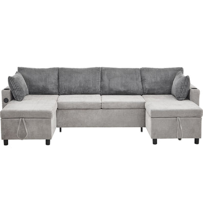 Sectional Sofa Bed With Pull Out Sleeper, USB Ports, Cup Holders