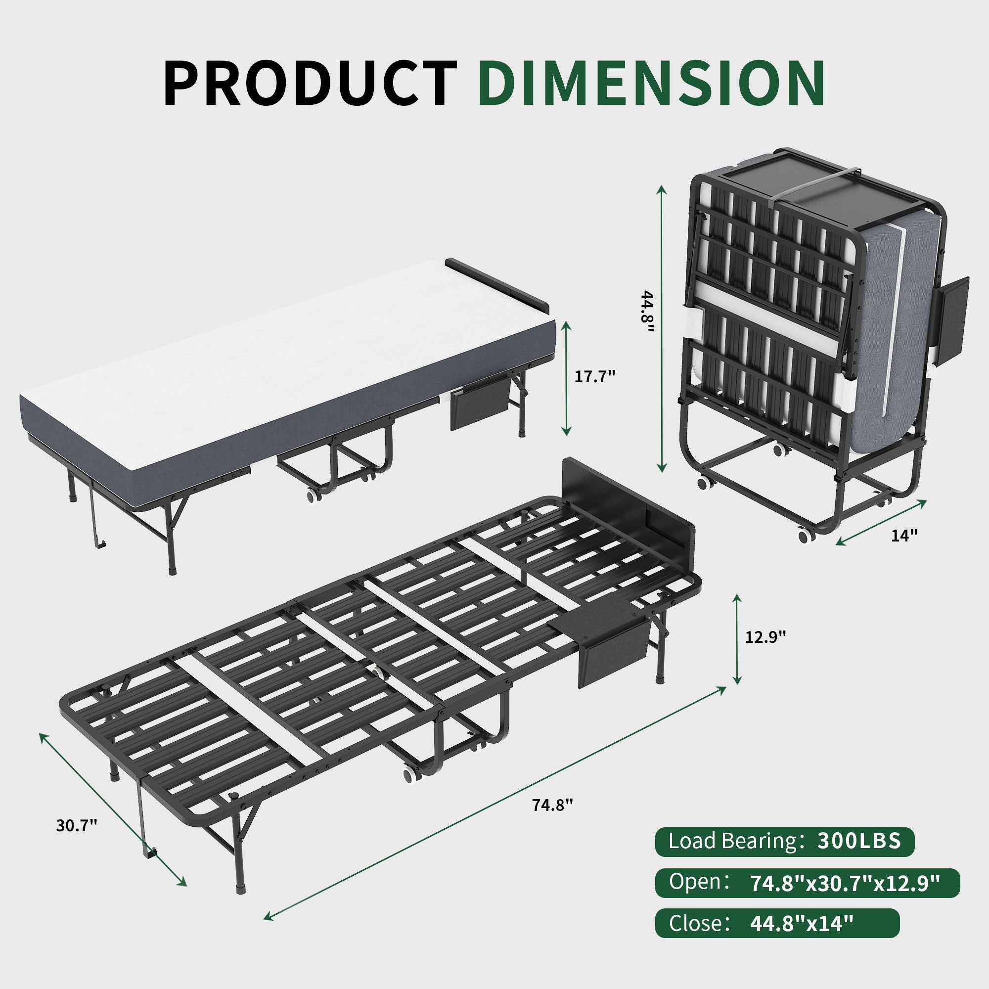 Twin Folding Bed With Adjustable Headboard & Memory Foam Mattress, Portable Coton Wheels For Tall People, Space-Saving Guest Bed - Black