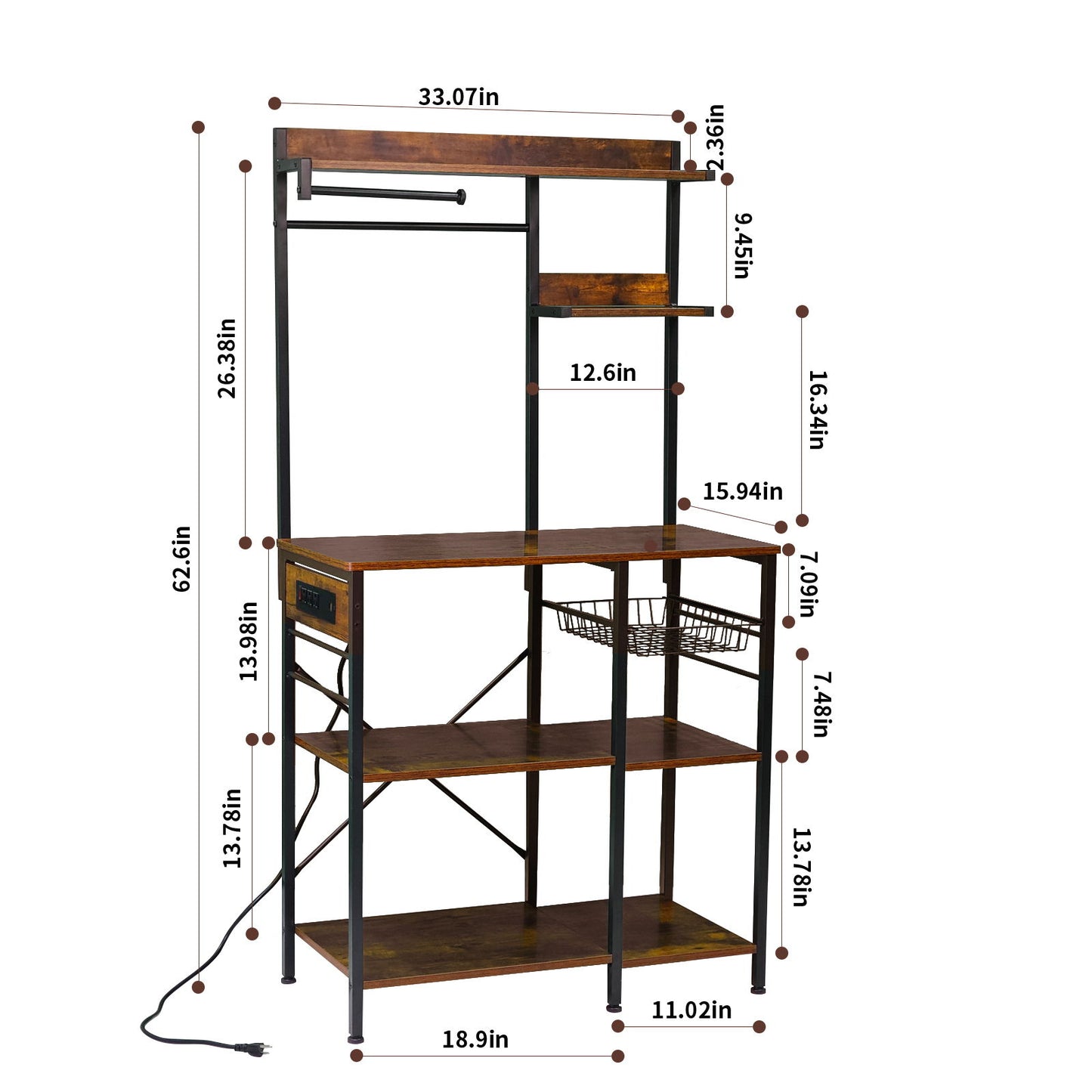 Bakers Rack With Power Outlet, Coffee Bar With S-Shaped Hooks, Kitchen Shelf With Wire Basket - Black / Brown