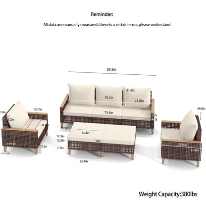 5 Piece Rattan Terrace Furniture Set, 7 Seats Cushions, High Footed Design