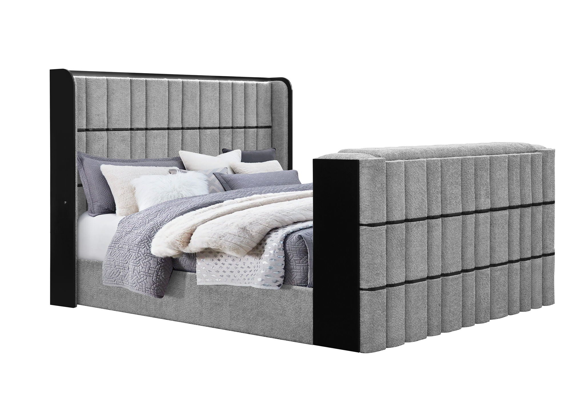 Isabella - King Upholstered Bed With LED, TV Lift, Bluetooth Speaker And Firpeplace Crystal - Gray