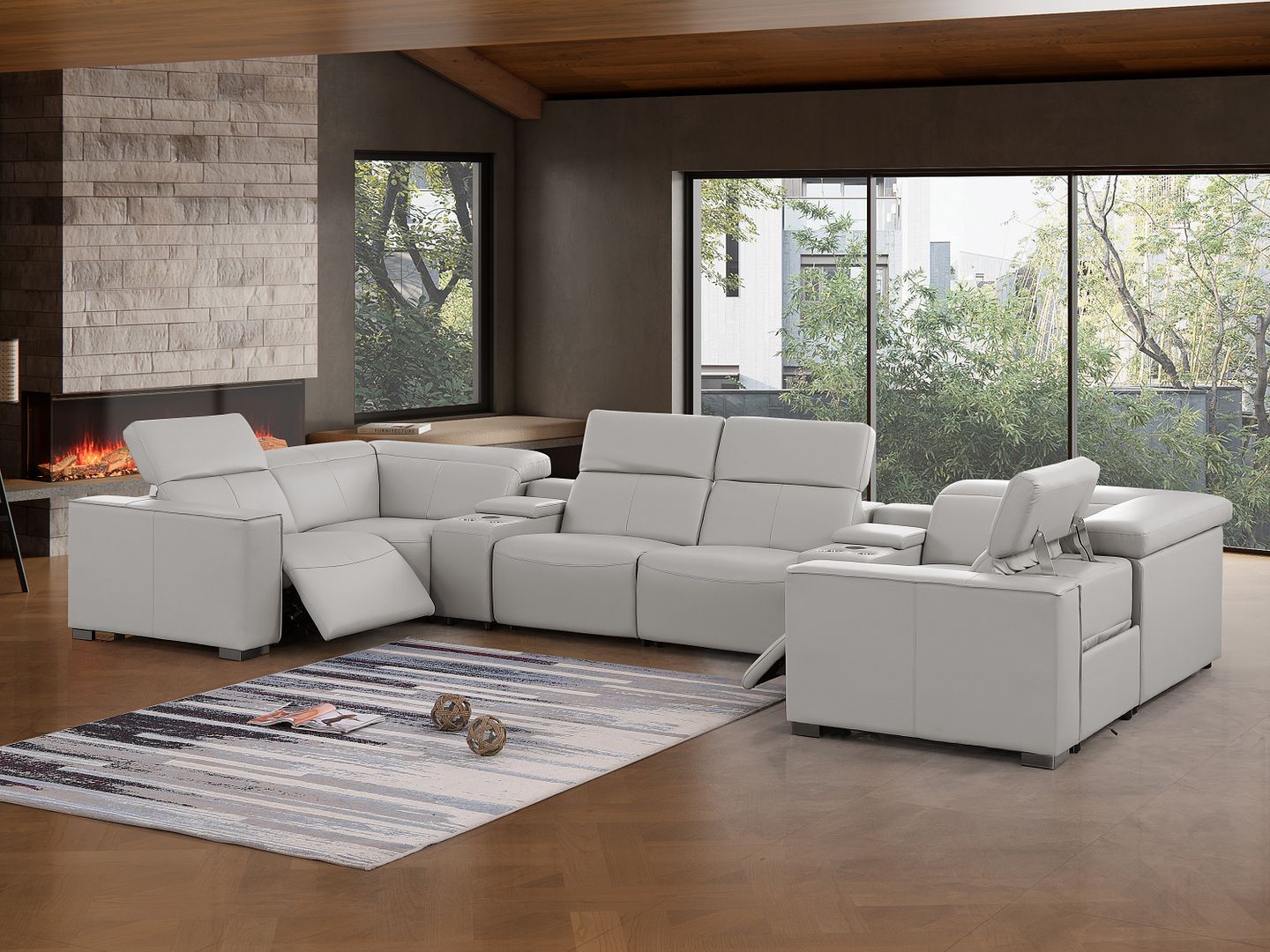 1208 - 8 Piece Modular Leather Sectional With 2 Power Recliners & Power Headrests