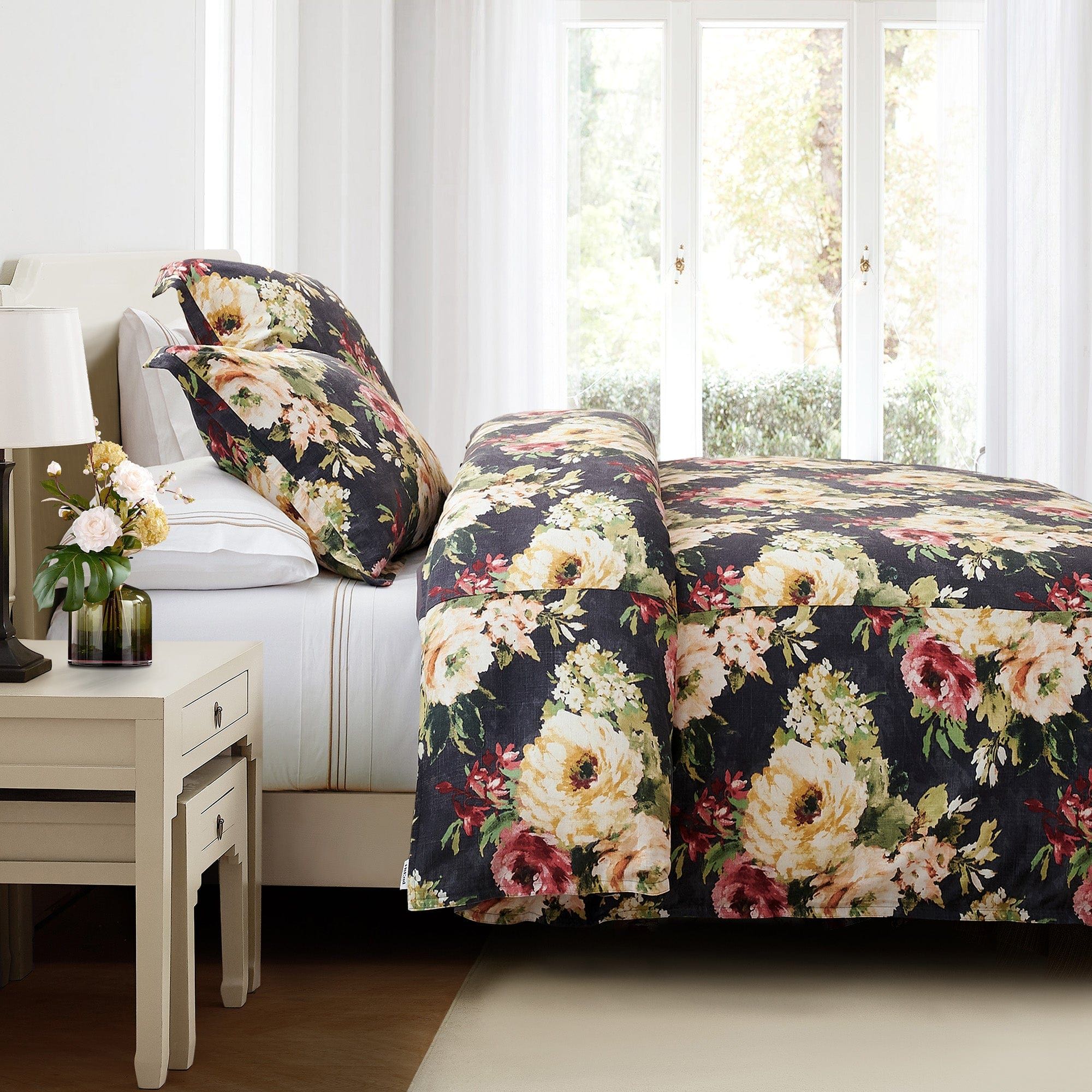 Peony - Queen Washed Linen Comforter Set (Set of 3) - Charcoal