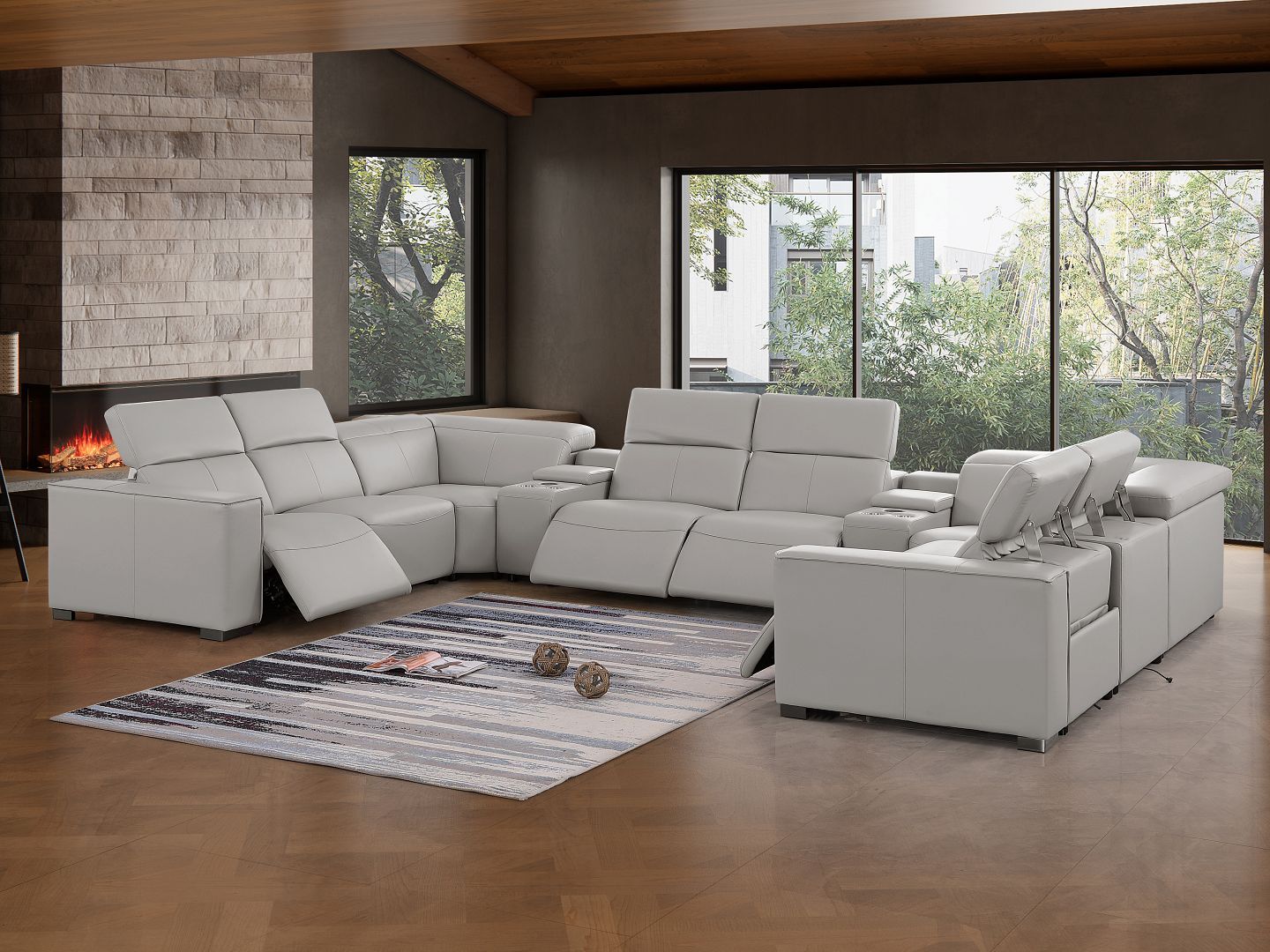 1208 - 10 Piece U Shaped Leather Sectional With 4 Power Recliners & Power Headrest