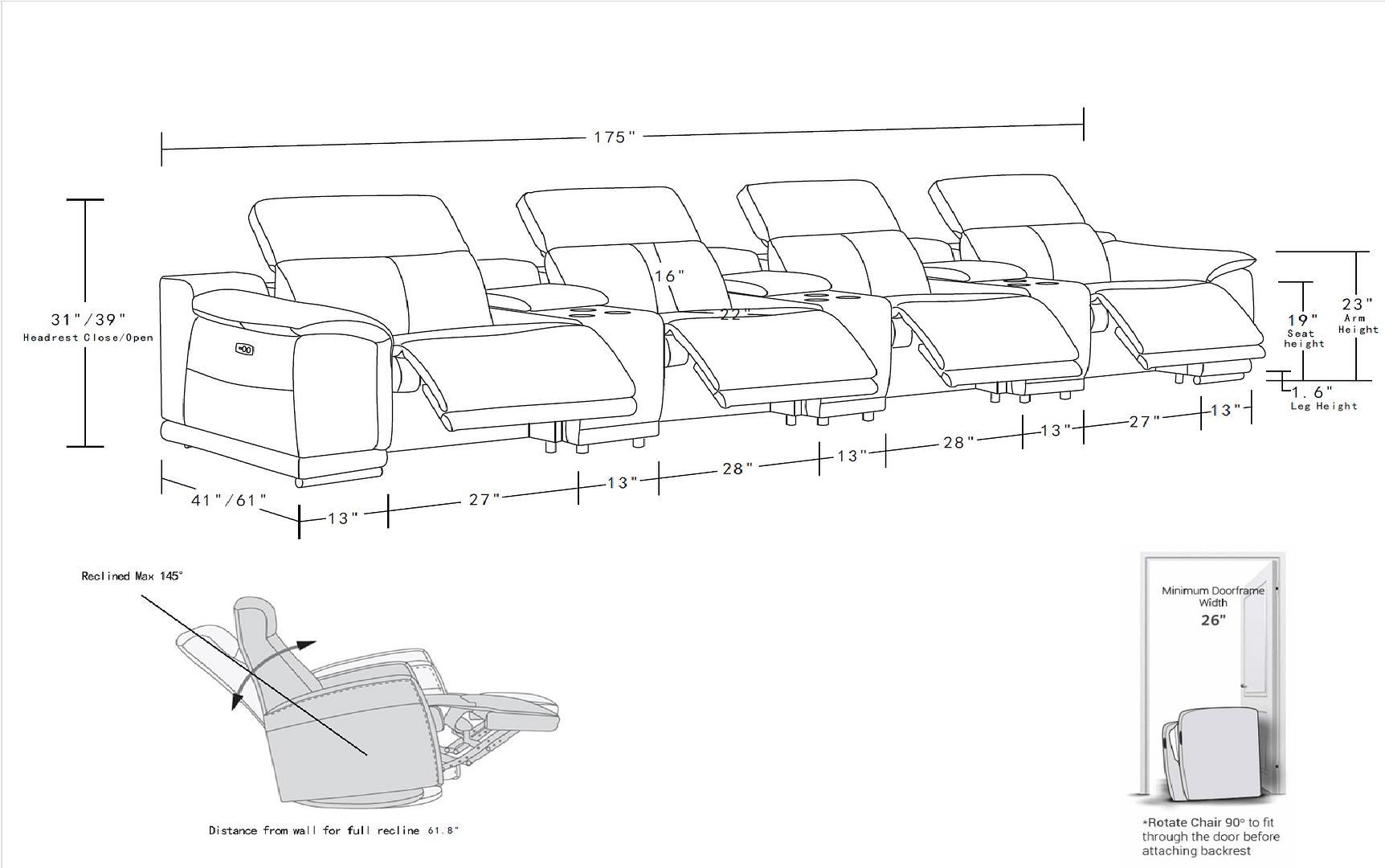 2679 - Genuine Leather Sofa With 4 Power Recliners, Power Headrests & 3 Storage Consoles