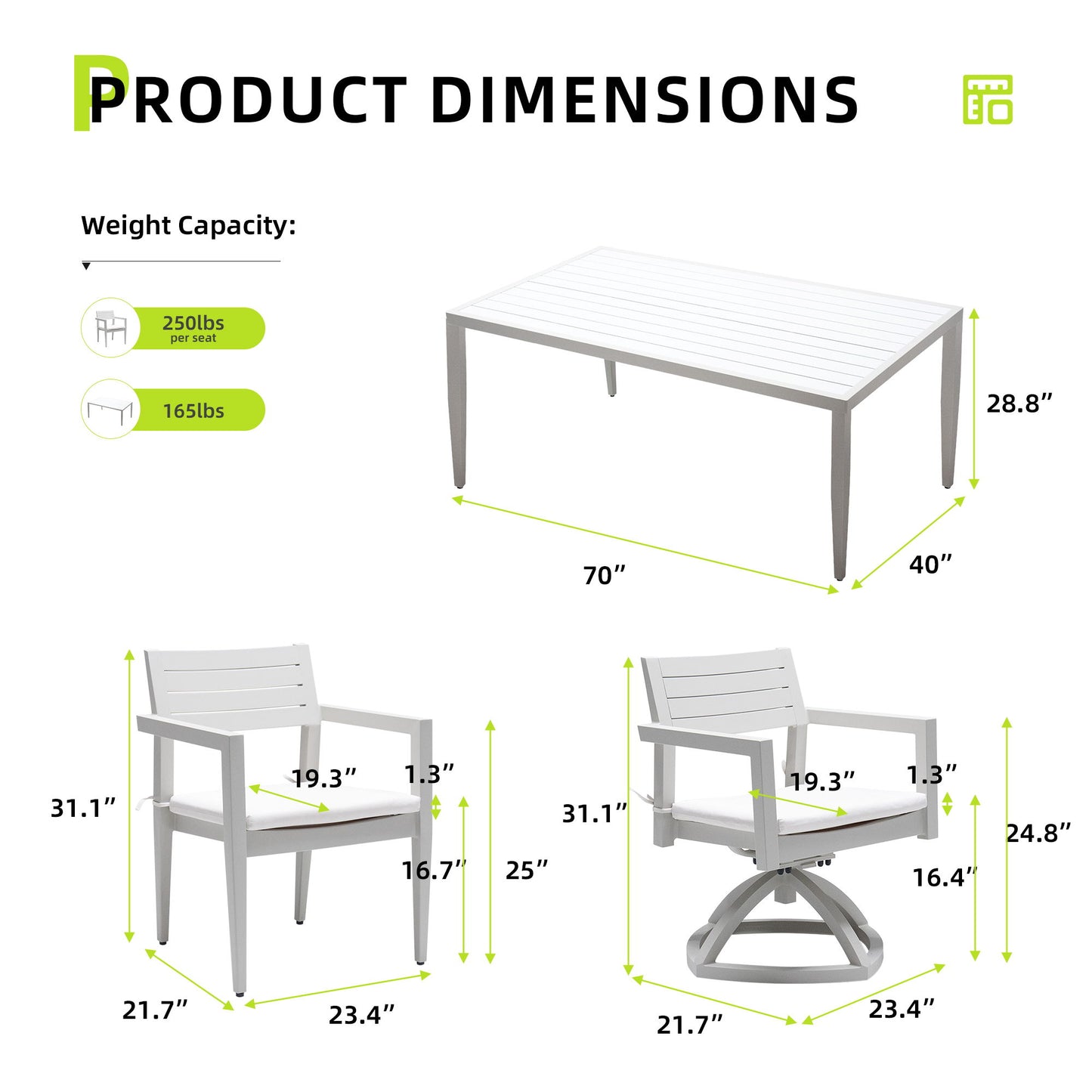 Modern Patio Furniture Dining Set With Swivel Rockers Chairs, Sunbrella Cushions, 2 Tone Table