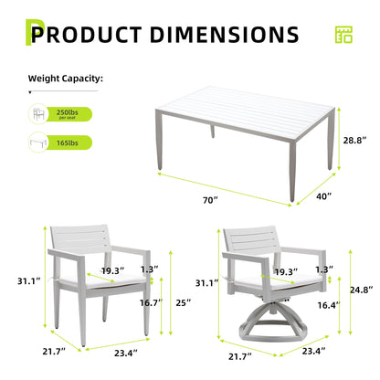 Modern Patio Furniture Dining Set With Swivel Rockers Chairs, Sunbrella Cushions, 2 Tone Table